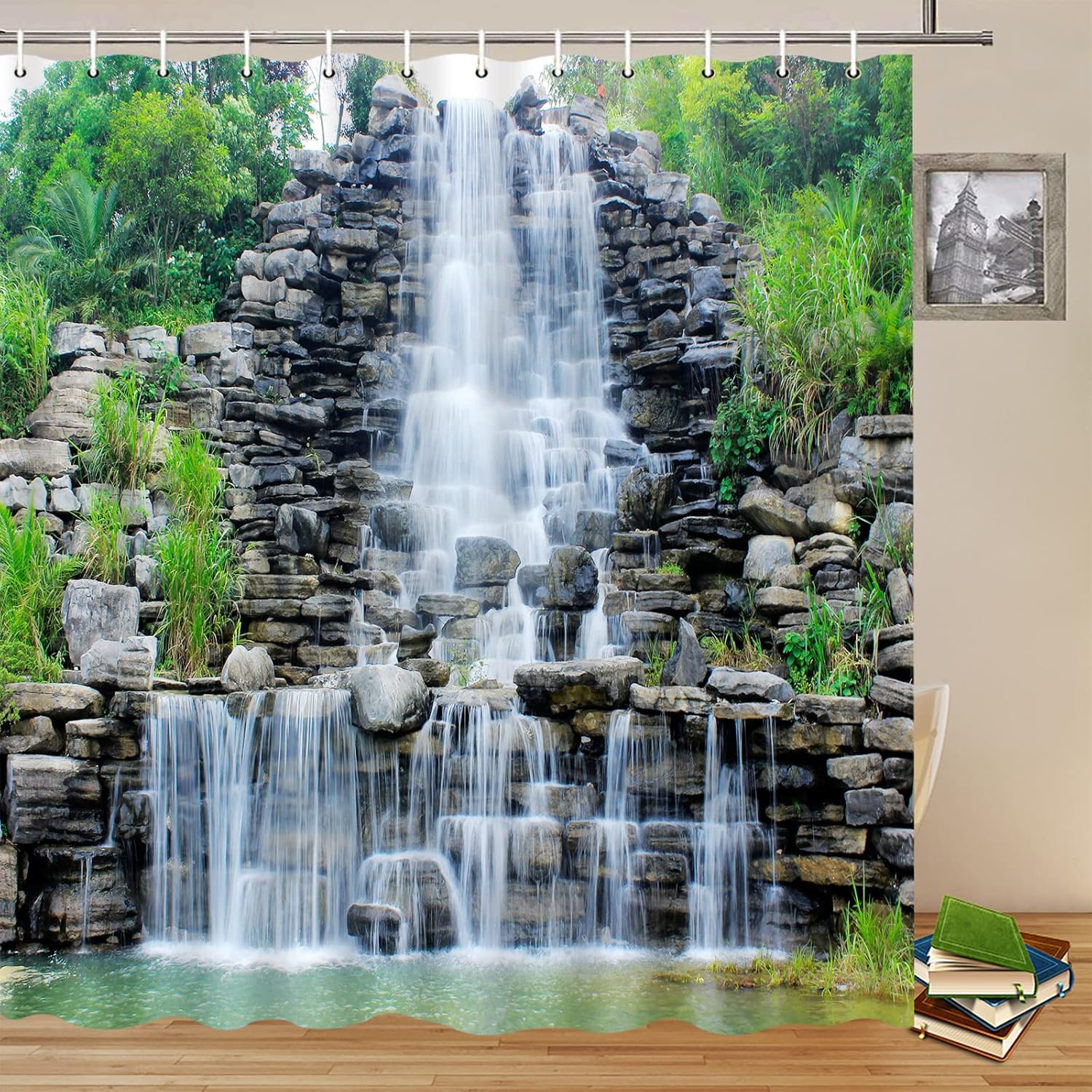 Waterfalls Shower Curtains Stone Rockery Landscapes Spring Green Plant Courtyard Garden Outdoor Scenery Bathroom Decor Polyester Fabric Curtain Set 106 x 70 Inch with Hooks