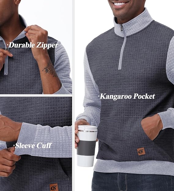 YuKaiChen Men's Long-Sleeve Quarter-Zip Casual Sweatshirt Square Pattern