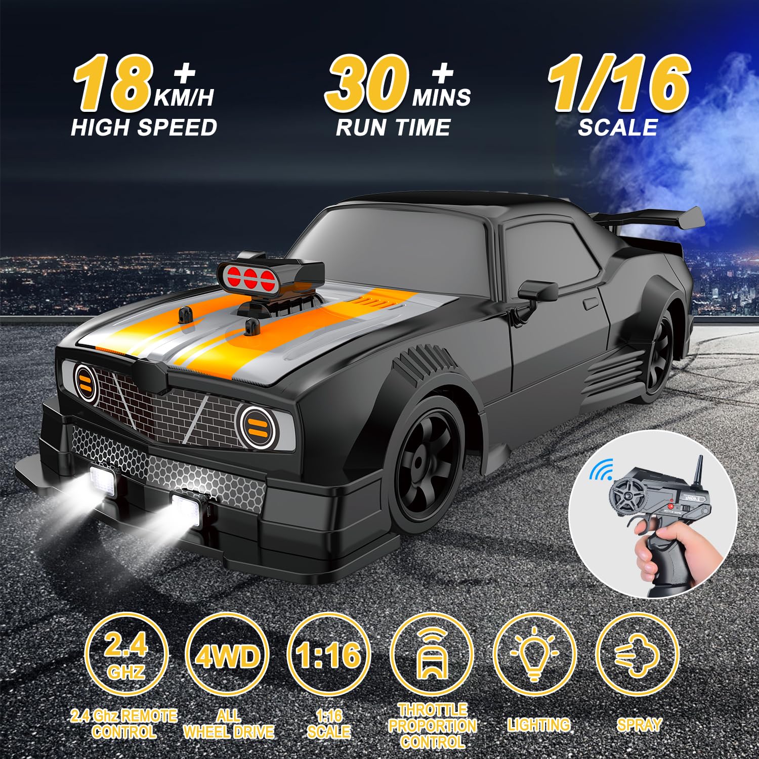 Fistone RC Drift Car 2.4GHz 1:16 Scale 4WD 18KM/H High Speed Remote Control Car with LED Lights, 2 Batteries and Rubber Tire, Racing Sport Toy Vehicle for Adults, Boys, Girls, and Kids