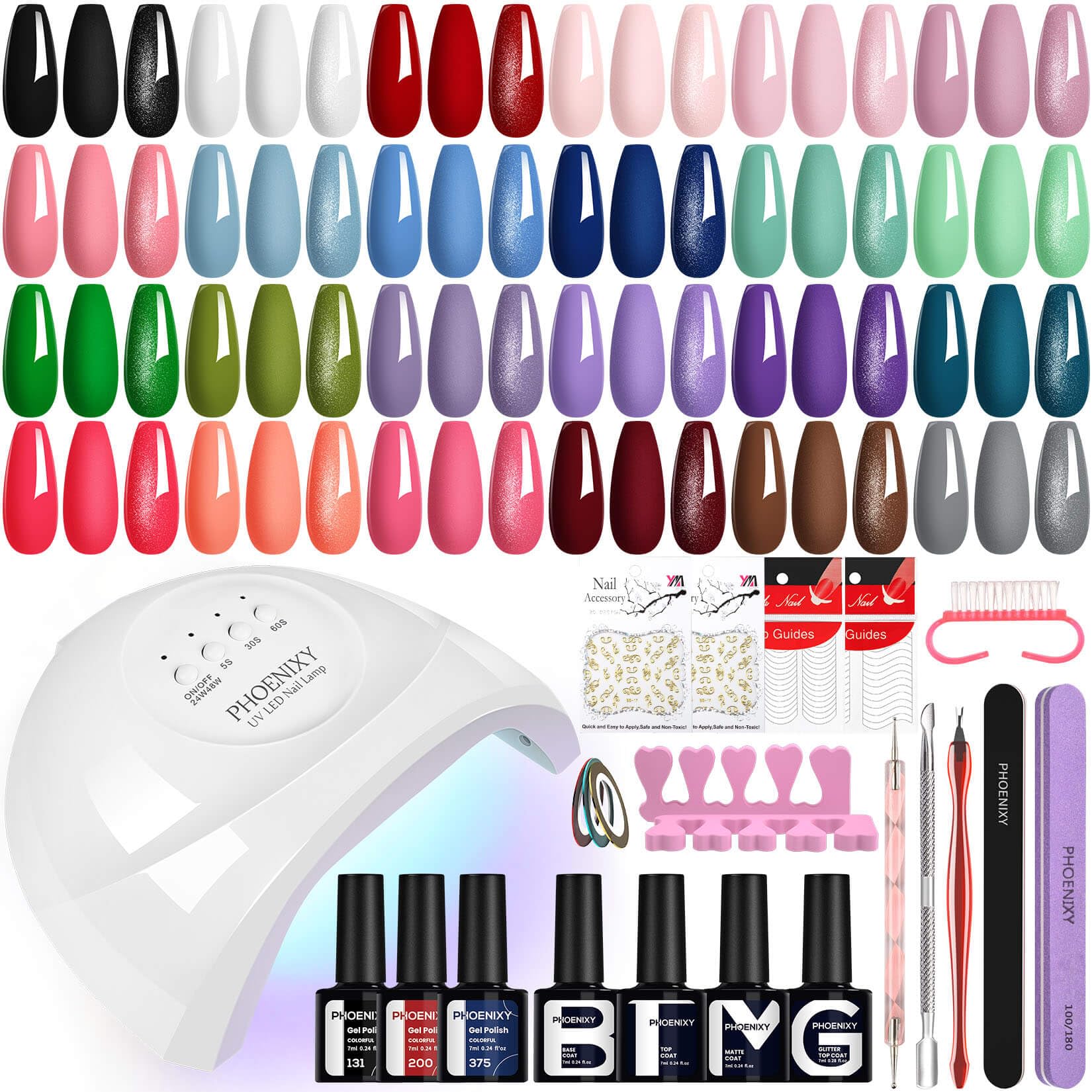 Phoenixy 28 PCS Kit Uñas Semipermanentes 24 Colores Kit Uñas de Gel Completo con 48W Lámpara U V/LED Kit Manicura Semipermanente con Base Top Coat Brillante Mate y Glitter