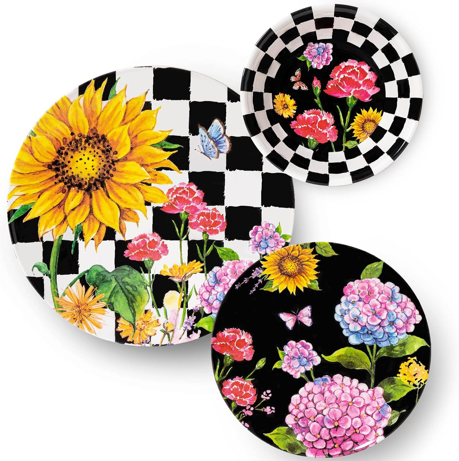 LEHAHA Sunflower 12-Piece Melamine Dinnerware Set Include Plates/Dishes and Bowls, Service for 4, BPA Free and Unbreakable Black Plaid Floral Dish Set for Indoor and Outdoor Use…