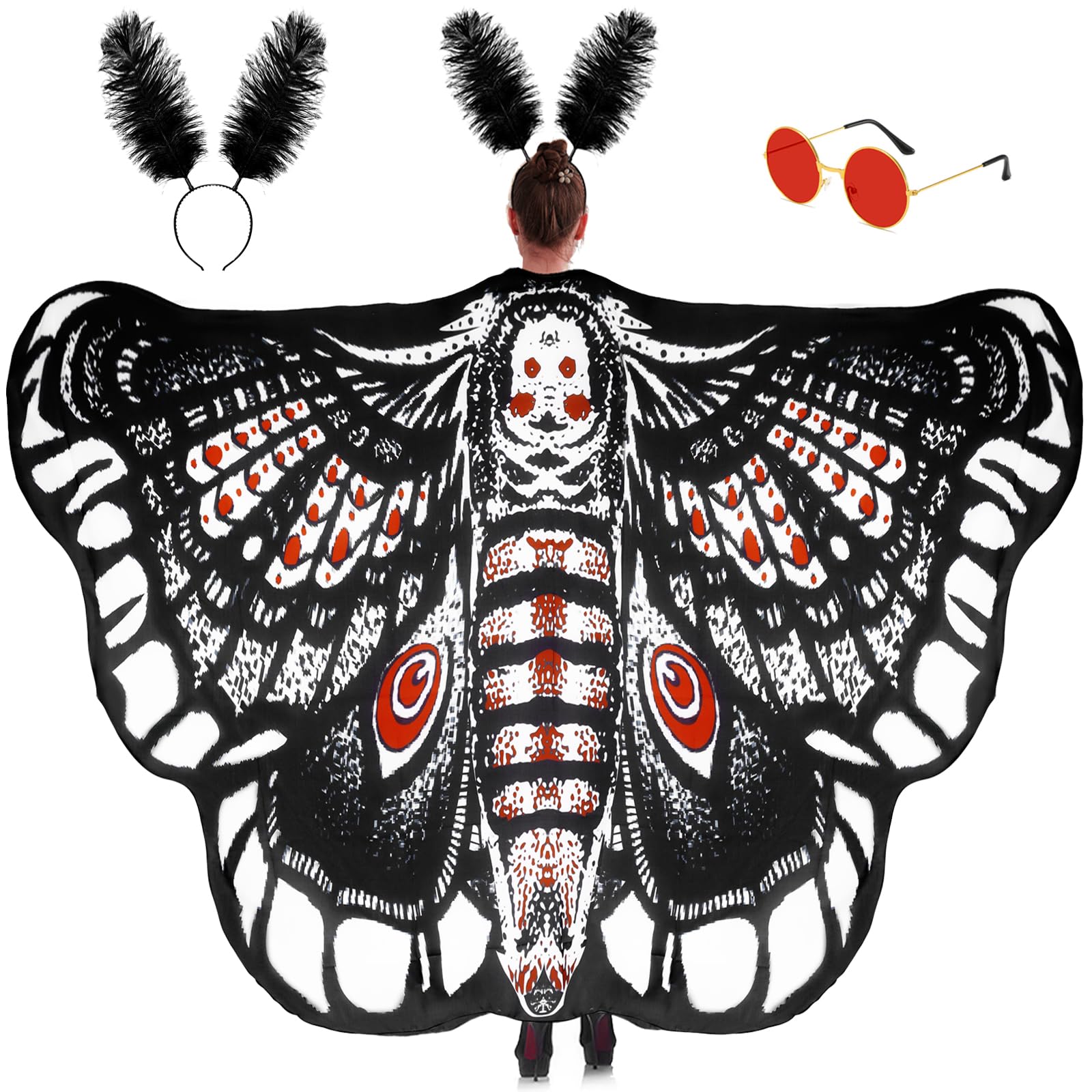 shengo Halloween Moth Wings Costume Set 3PCS Adults Butterfly Wings Cape Black Feathered Headband Red Lens Glasses for Christmas Carnival Costume Cosplay Party Outfit