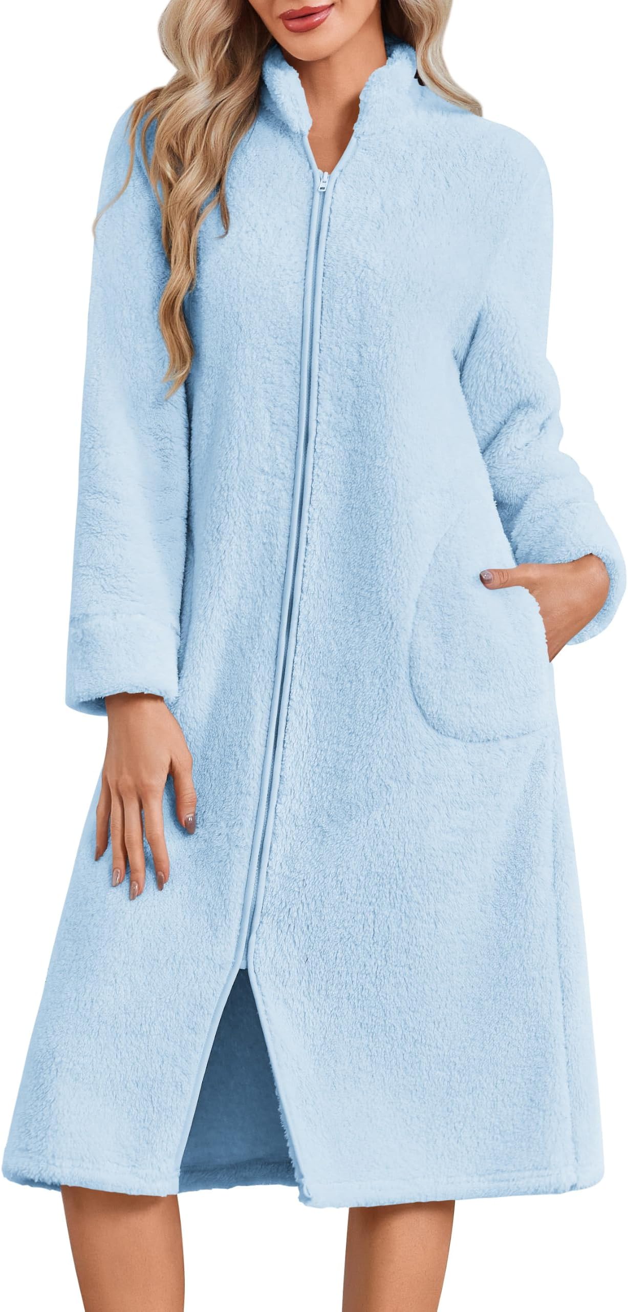 Ekouaer Womens Zipper Front Robes Full Length Warm Nightgowns with Pockets