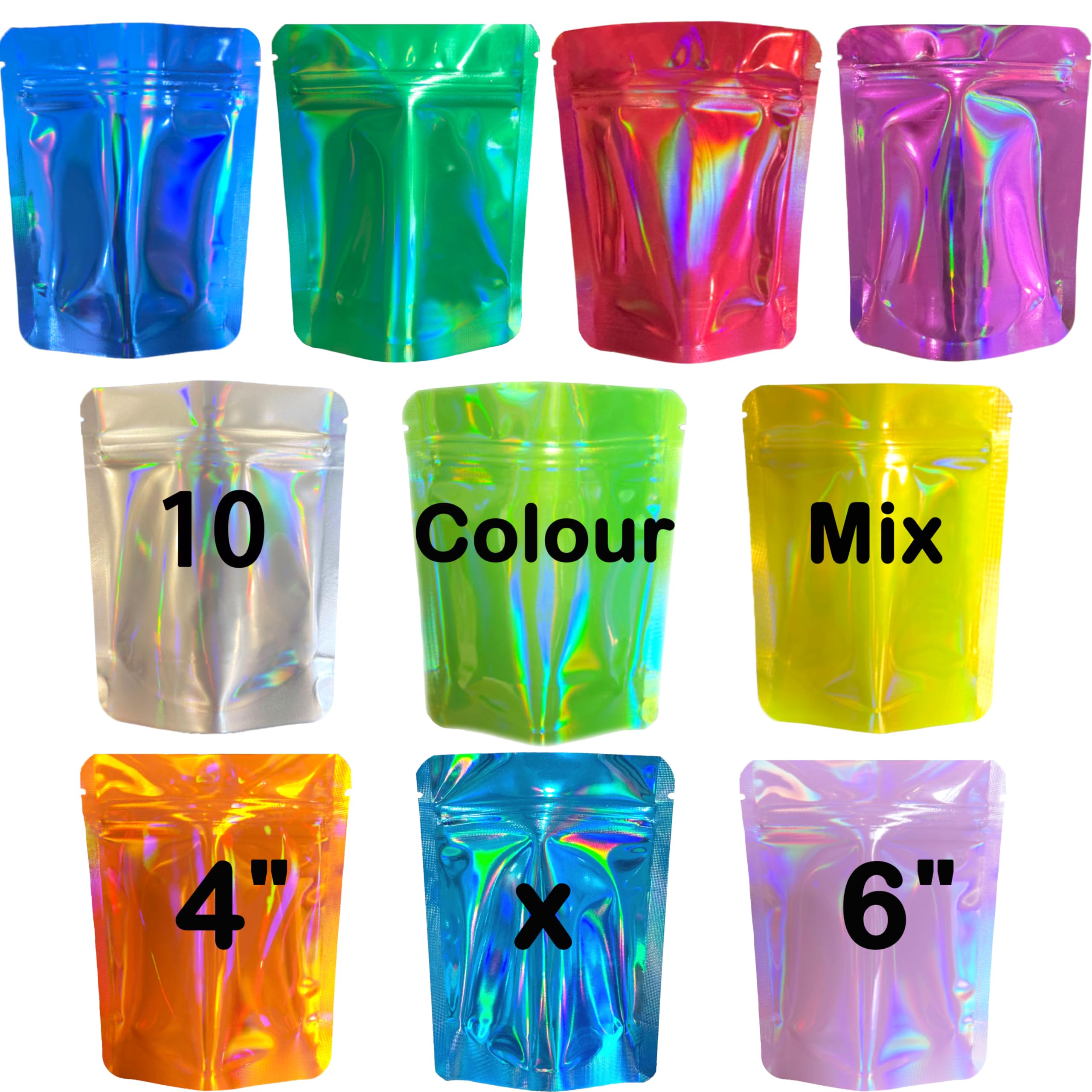 100 Pack Premium Smell Proof Mylar Bags, 10 Colors Mixed Resealable Food Storage Bags with Double-sided Holographic printing, 4" x 6" Aluminum Foil Stand-up Packaging Bags. (Mix)