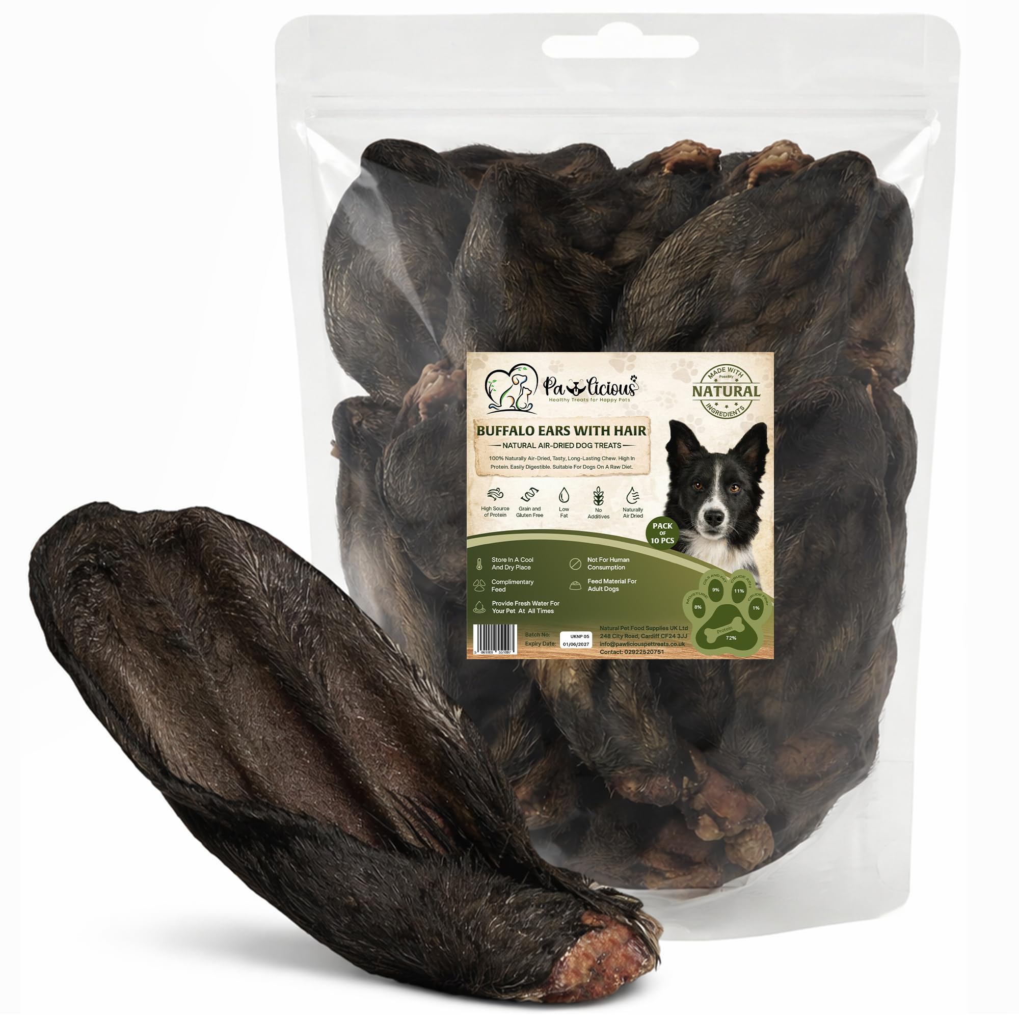 Pawlicious Air-Dried Buffalo Ears with Hair for Dogs 25 Pack, 100% Natural, Grain Free, High Protein Chew for All Breeds