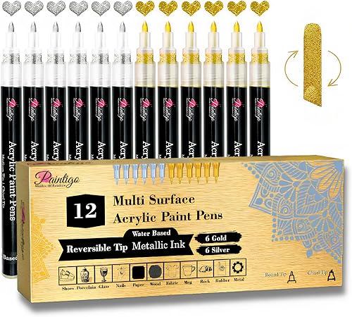 Bolígrafos de pintura acrílica, paquete de 12 6 marcadores dorados y 6 plateados, bolígrafos de pintura para pintura de rocas, piedra, cerámica,