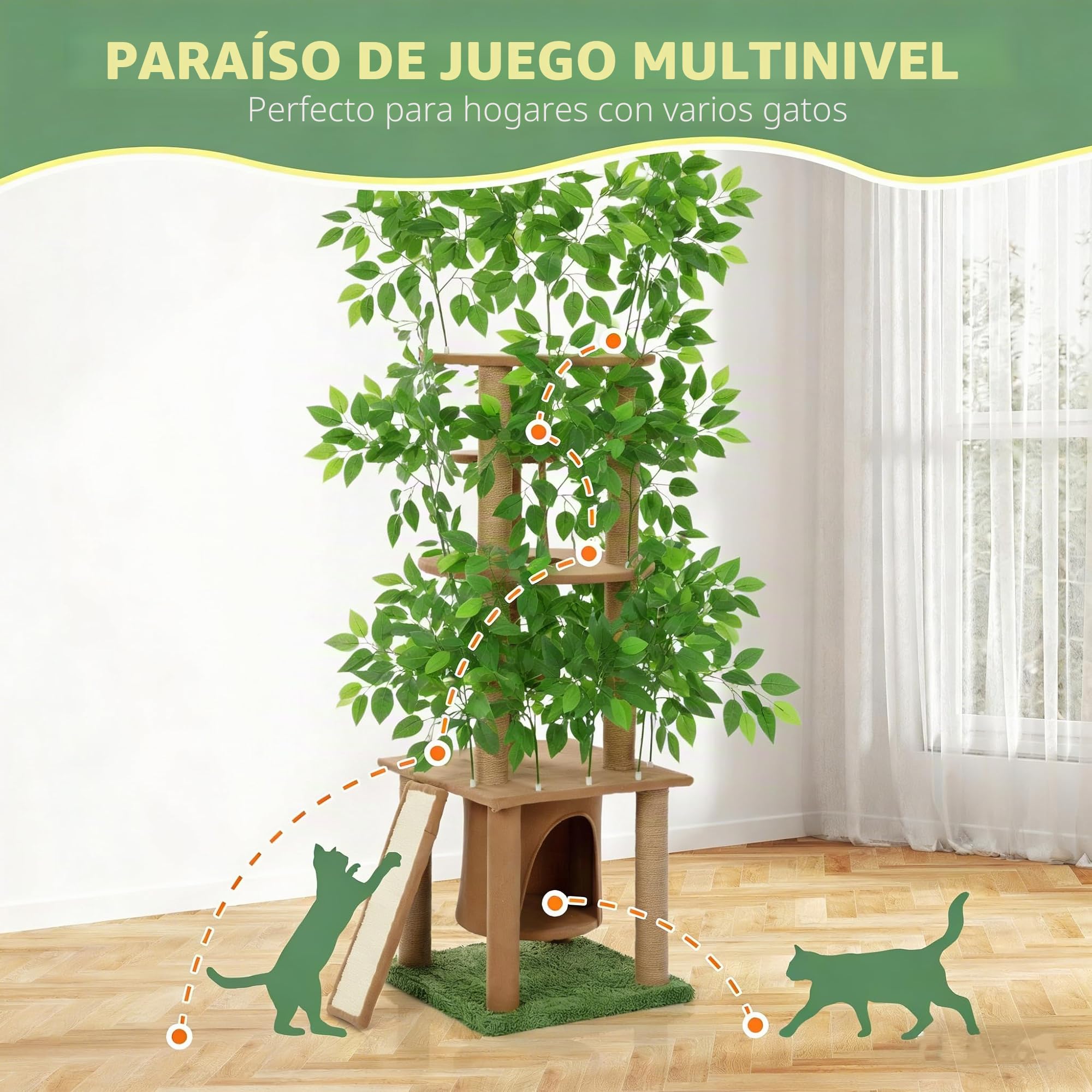 Ultra alto Árbol para gatos de 5 niveles (195 cm) – Árbol rascador de madera natural con plantas verdes artificiales, versátil para la diversión natural de trepar