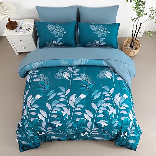 Miniatura 4 de Juego de edredón botánico verde azulado de 7 piezas tamaño Queen  Cama floral verde azulado en una bolsa  Elegante edredón floral de hojas con juego