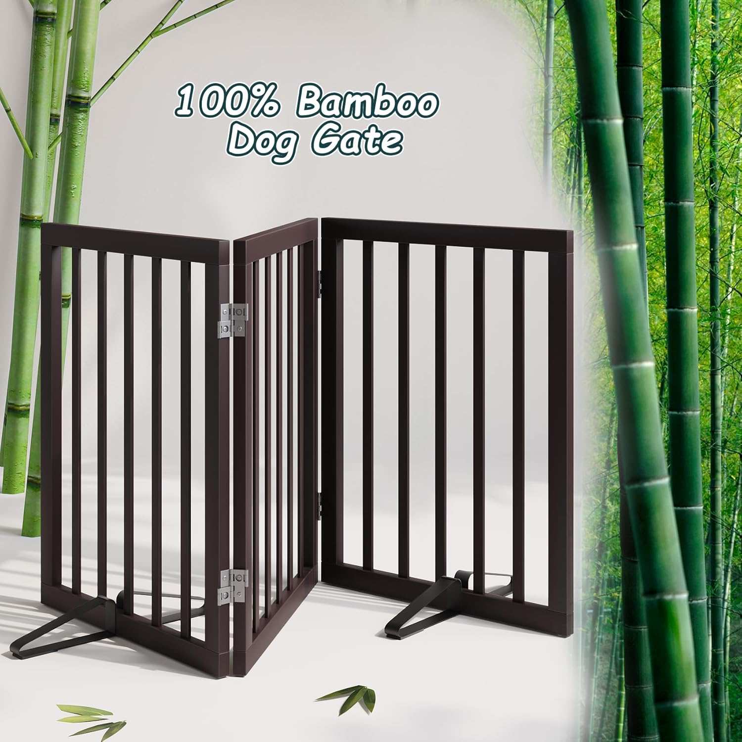 Semiocthome Bamboo Dog Gates Indoor 3-Panel Freestanding Puppy Gates for The House with 2 Metal Stands 24" H Folding Wood Pet Gate for Stairs Doorway Expands Up to 55" Fully Assembled Espresso
