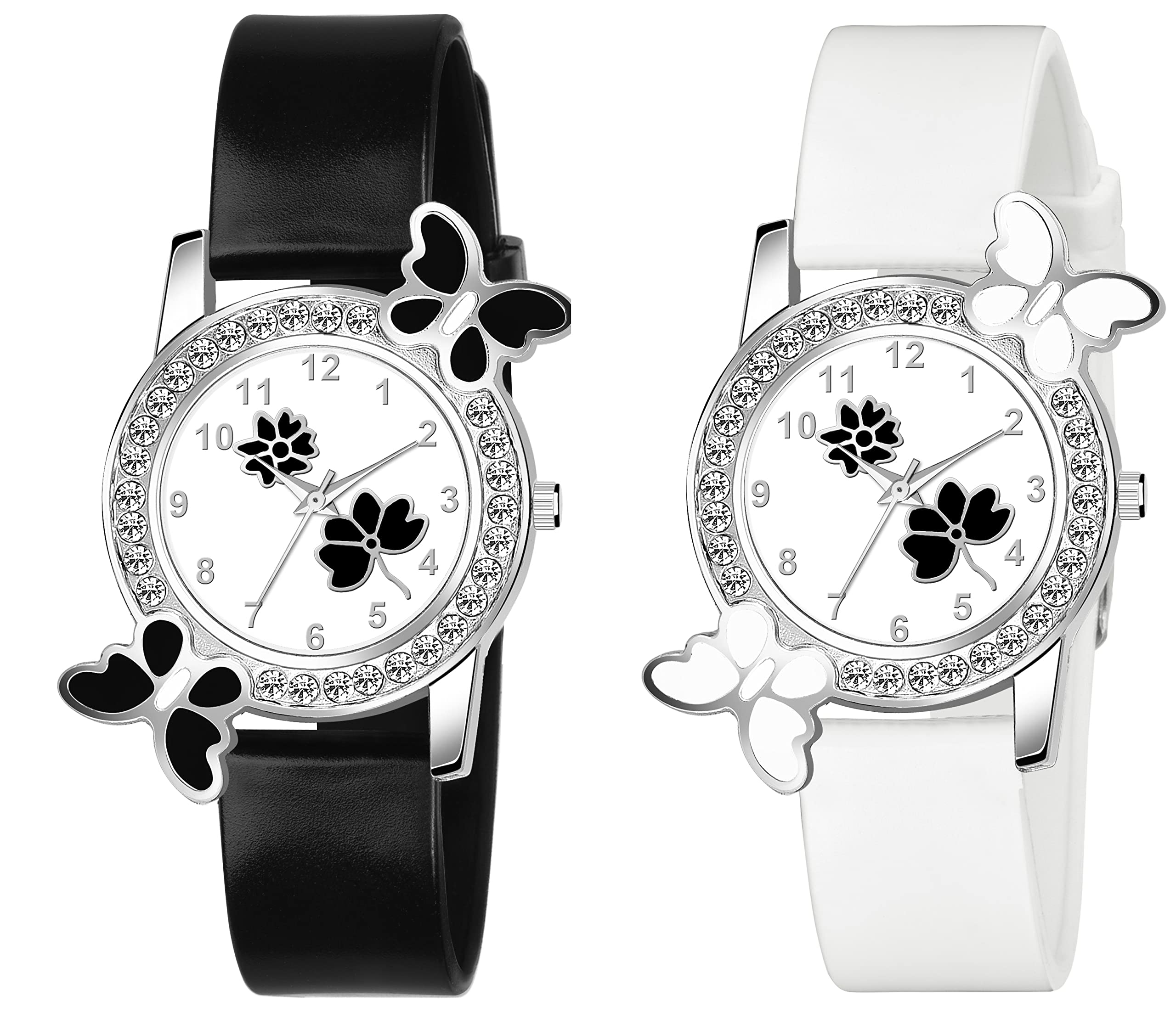 KIARVI GALLERY Analogue Butterfly Flower Design Dial PU Strap Analog Girls and Womens Watch (Black,White-Pack of 2) (B0BMB69HXQ) Amazon Price History, Amazon Price Tracker