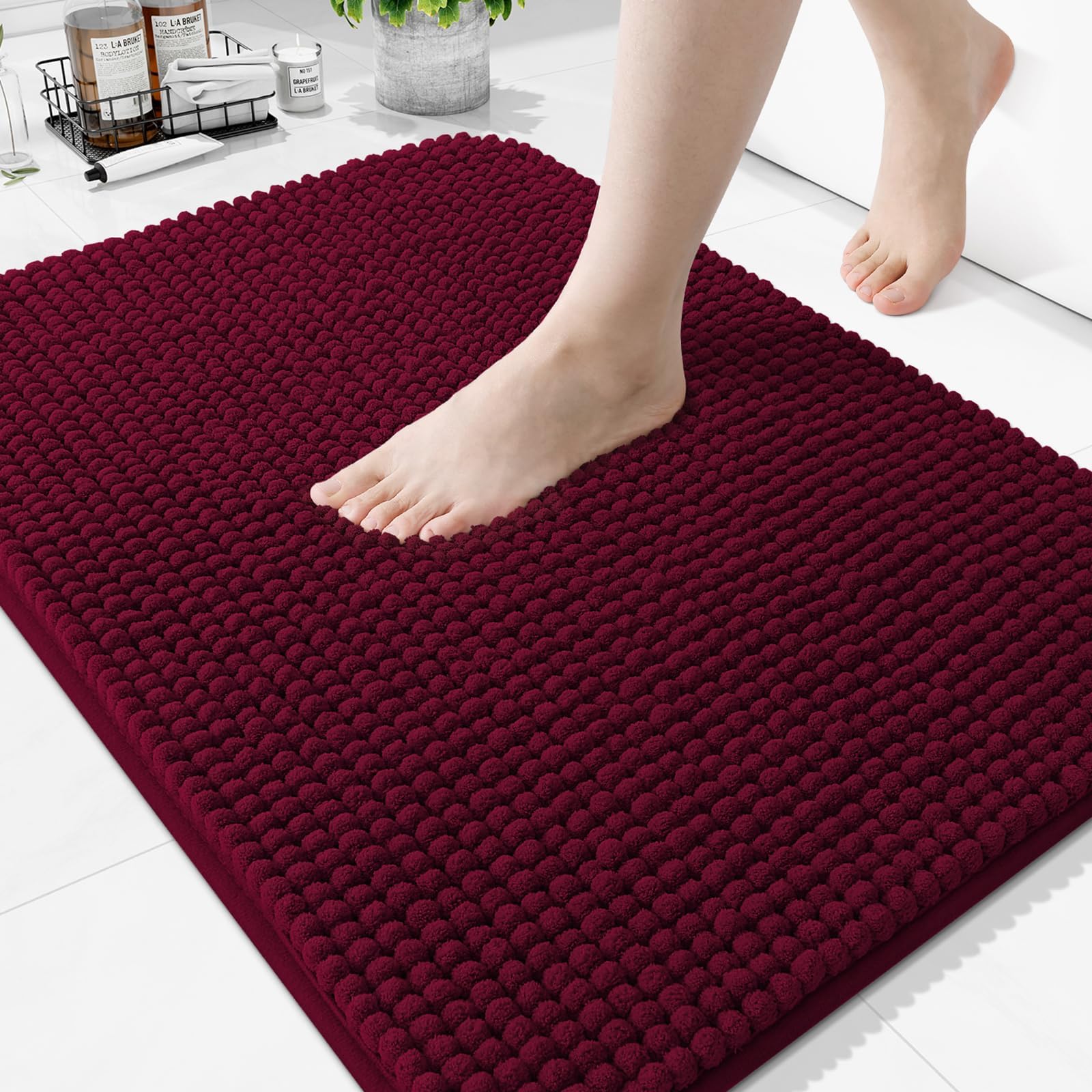 Homaxy Thick Soft Fluffy Bath Mat, Chenille Absorbent Bathroom Mat, Non Slip Bath Mats for Bathroom, Machine Washable Quick Drying Bath Rug, 51×76 cm, Wine Red