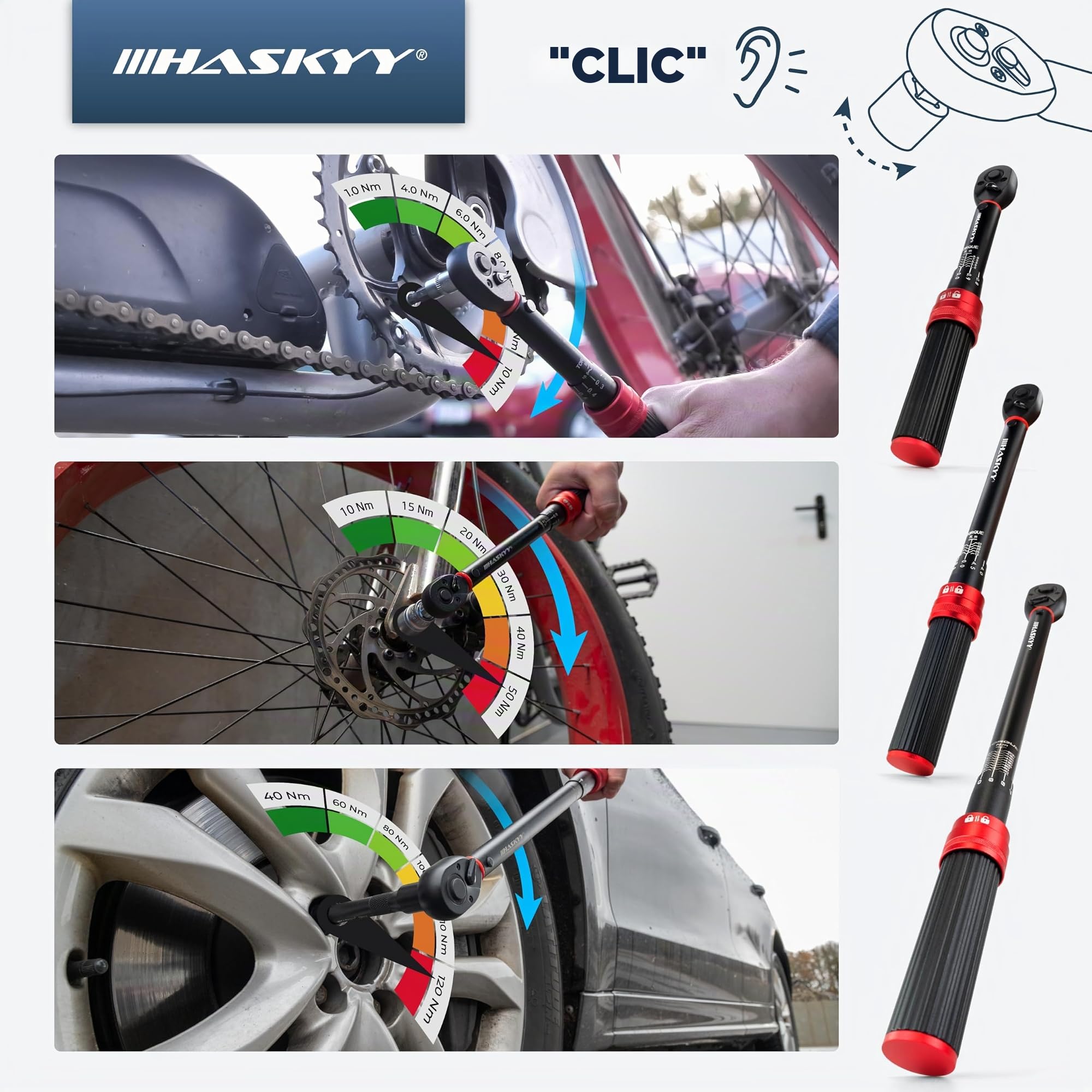 HASKYY Llaves Dinamométrica Set 1/4" 1/2" 1-10 Nm 10-50 Nm 20-200 Nm 3 piezas bicicleta moto motor coche industria coche llaves de torsión