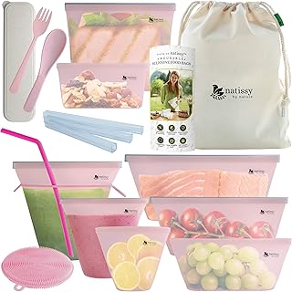 Sac Silicone Réutilisable, Lot de 8 Sacs de Conservation Réutilisable pour Sandwich, Legumes, Liquide; Sac Congélation Réutilisable Silicone, Grand Sac Alimentaire en Silicone, Petit Sac Nourriture