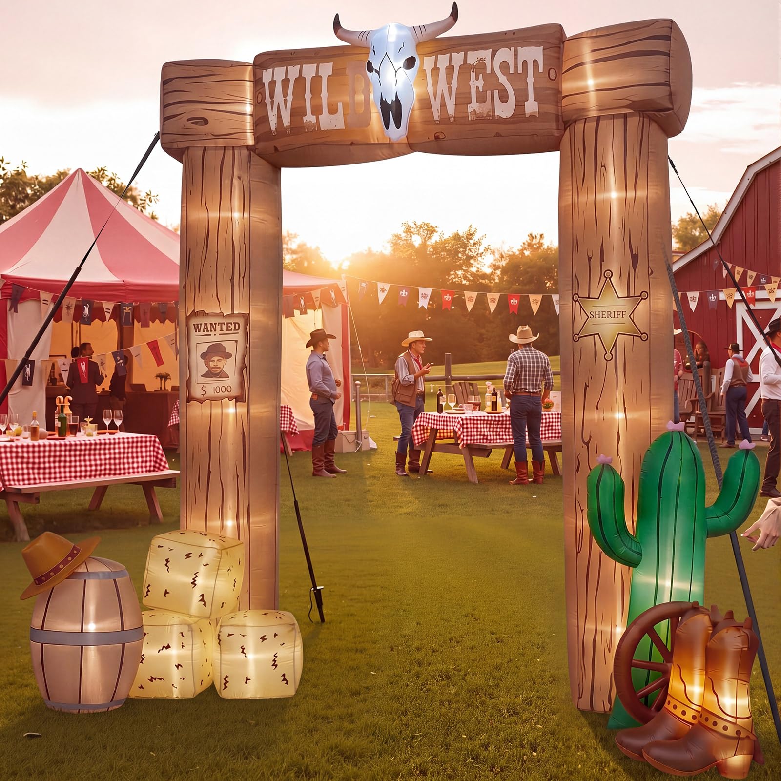 Capoda Decoración de arco inflable del salvaje oeste de 10 pies, decoración de entrada con temática de vaquero occidental, arco de campo occidental inflable con luces LED integradas para rodeo
