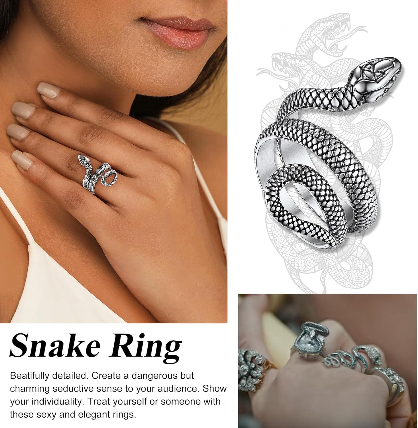 Bestyle Punk Gothic Snake Rings for Men Women, Stainless Steel/Gold/Black Serpent Finger Wrap Ring, Cool Statement Biker Rings Retro Costumes Jewelry, Size #7-#12 - Image 3
