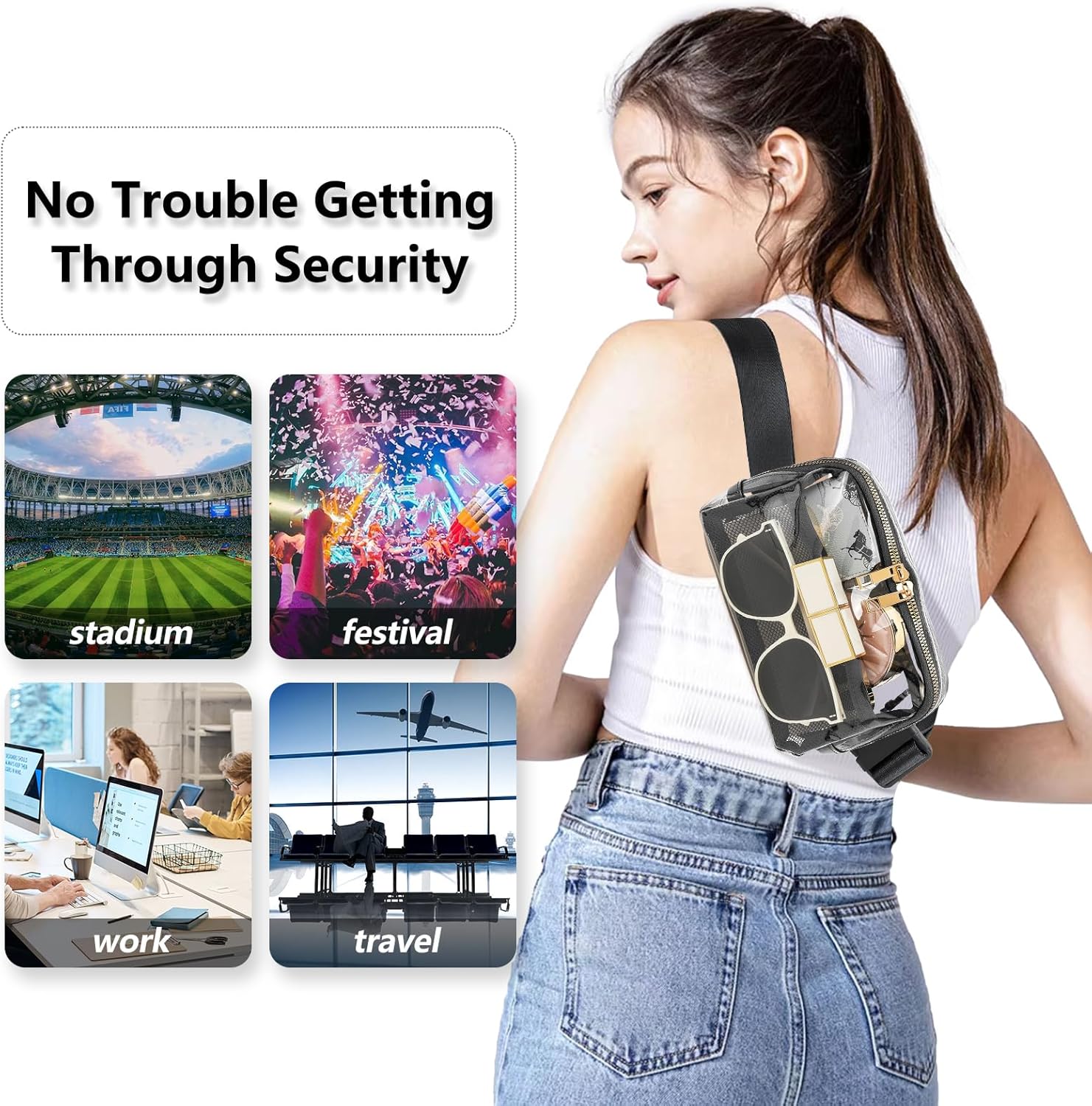 Clear Fanny Pack Belt Bag Stadium Approved for Women Men with Adjustable Strap Water-resistant Waist bag Clear Purse for Travel Workout Running Hiking(Black) - Image 3