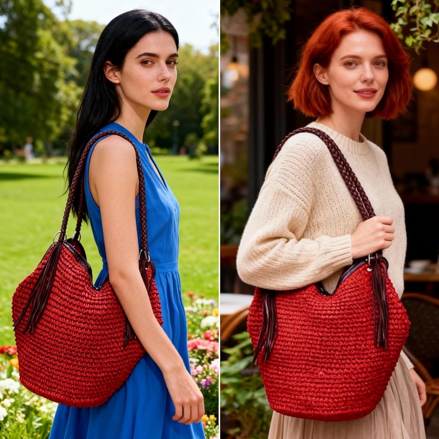 Soft Large Straw Shoulder Bag with Brown Charm Leather Tassels, Boho Leather Handle Tote Retro Summer Beach Bag Rattan Handbag (Red) - Image 6