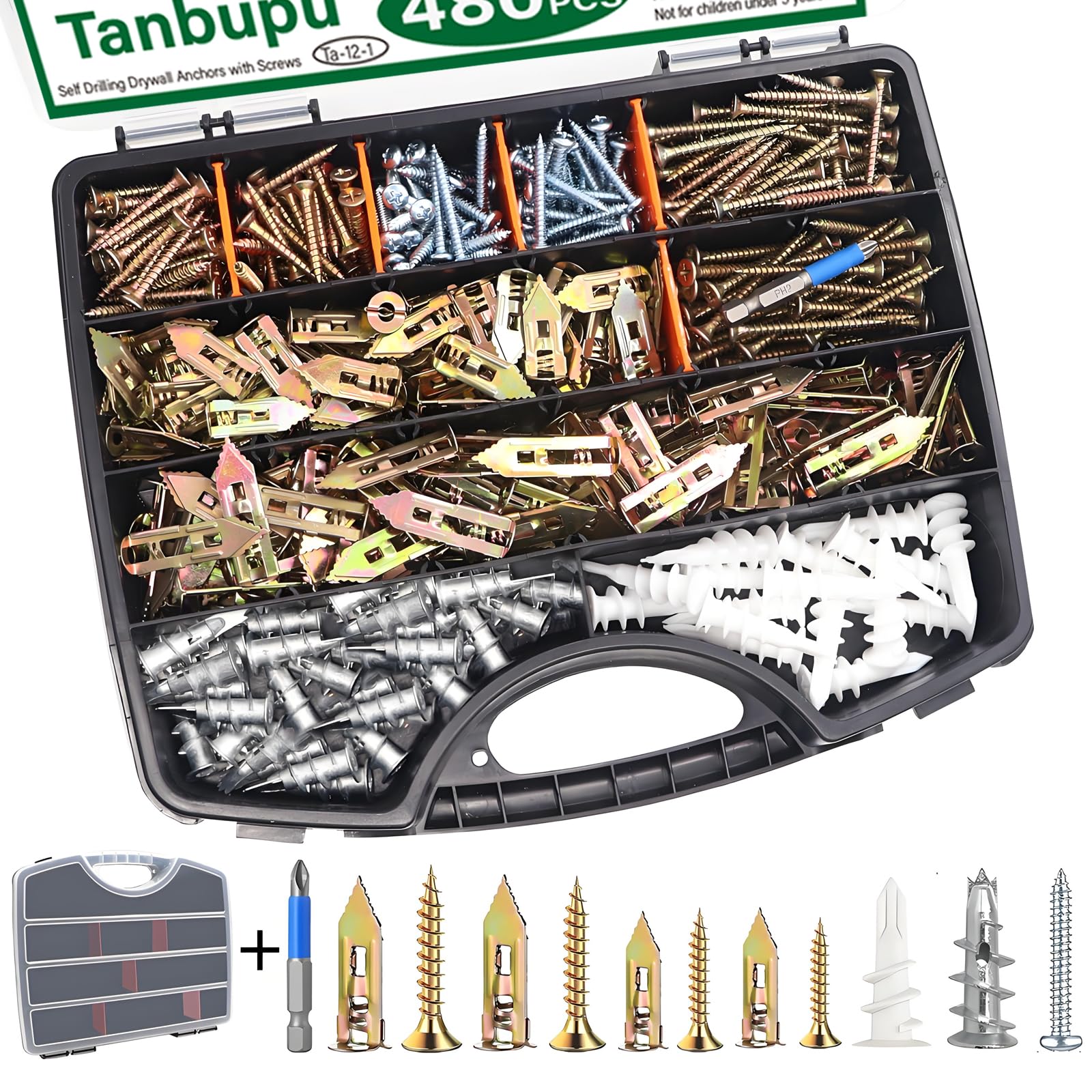 Kit di 480 tasselli autoperforanti per cartongesso con viti, 4 tasselli in cartongesso e 5 viti di dimensioni (aggiornate al 2025), senza bisogno di trapano, acciaio zincato e plastica