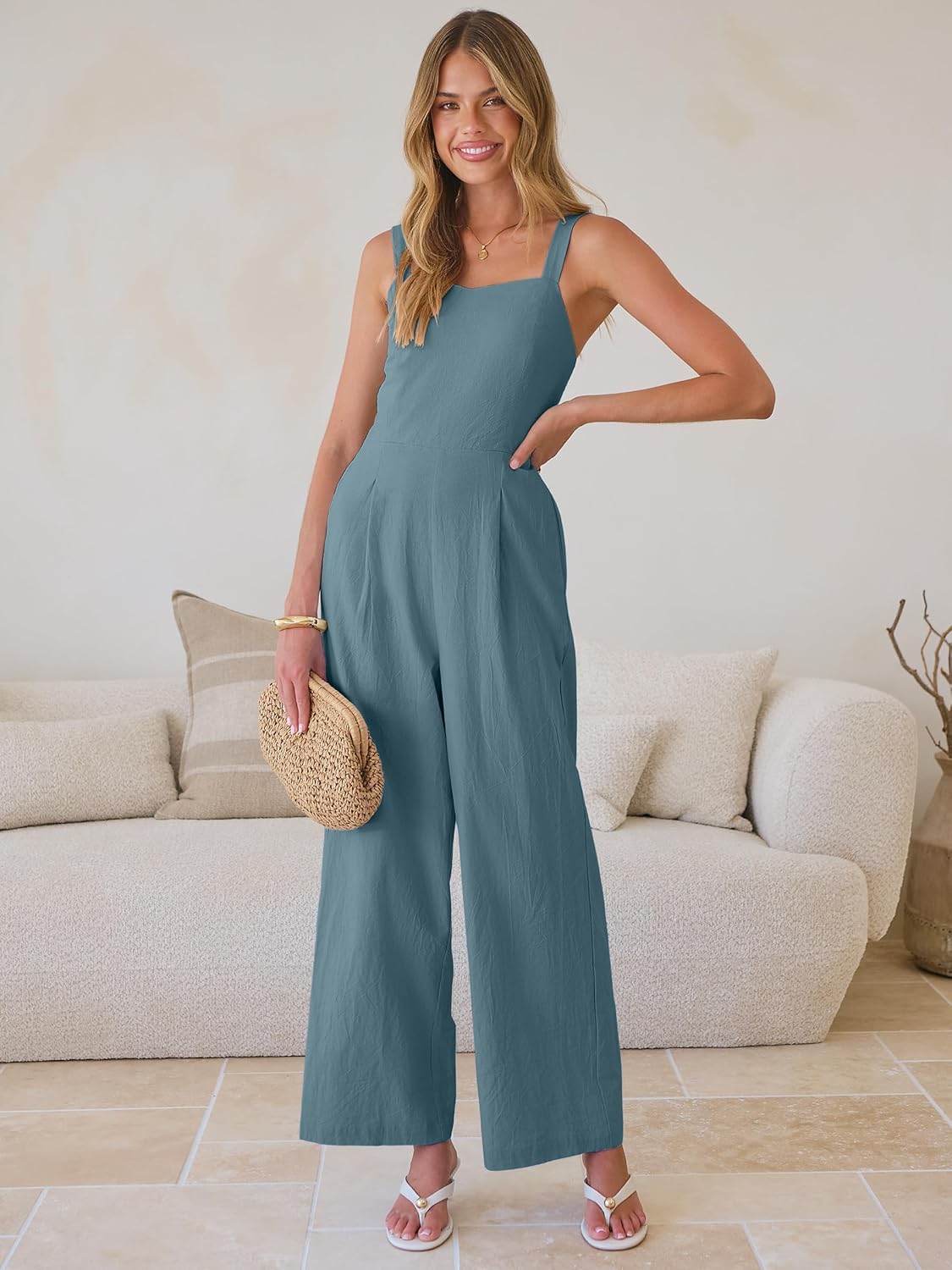 ANRABESS Womens Jumpsuit Casual Summer Wide Leg Sleeveless Smocked One Piece Romper 2026 Beach Travel Vacation Jumper Outfits - Image 2