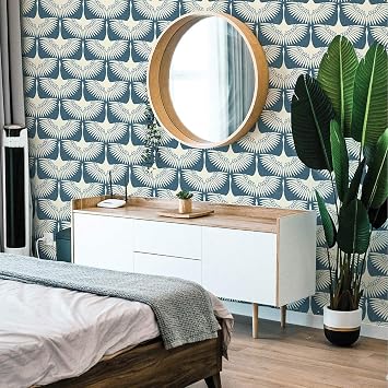 Tempaper x Genevieve Gorder Denim Blue Feather Flock Removable Peel and Stick Wallpaper, 20.5 in X 16.5 ft, Made in the USA