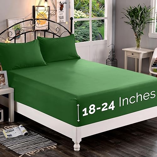 Elegant Comfort 1500 Premium Quality Fitted Sheet Ultra Soft 18-24 Inch Extra Deep Pocket - Single Fitted Sheet for High Mattress - Wrinkle Free with Smart Storage Pockets, Cal King, Hunter Green