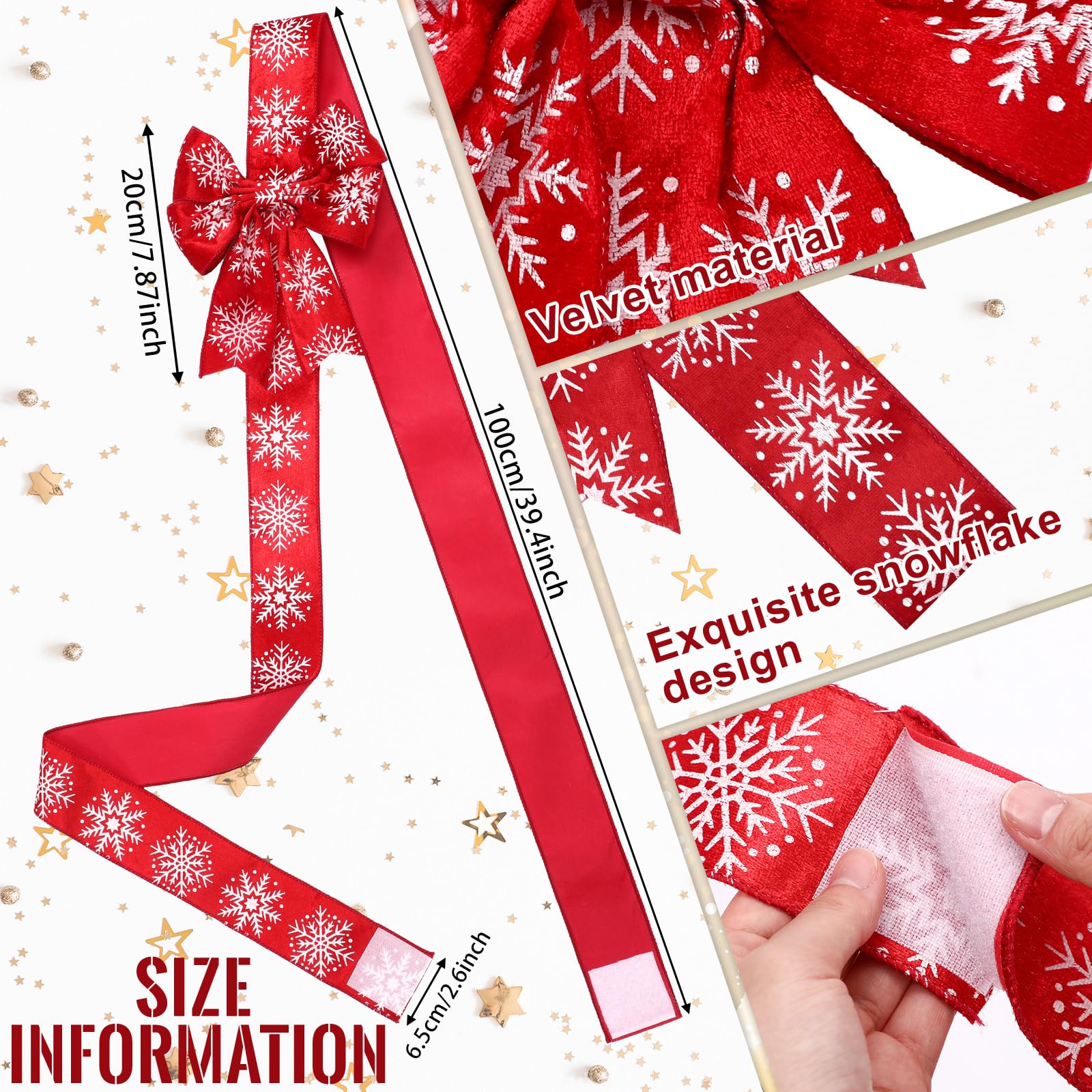 Knitgrip 6 Pcs Christmas Cabinet Bows Velvet Door Ribbon Large Winter Festive Ribbons and Bows Snowflake Pattern Christmas Decorations for Cabinets Furniture Kitchen Party Supplies,79 Inch(Red)