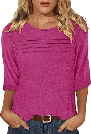 KISSMODA Women's Casual 3/4 Sleeve T-Shirts Round Neck Cute Tunic Tops Basic/Pleated Summer Tops Trendy Spring Blouses
