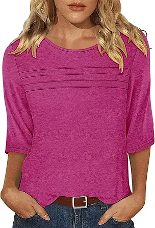 KISSMODA Women's Casual 3/4 Sleeve T-Shirts Round Neck Cute Tunic Tops Basic/Pleated Summer Tops Trendy Spring Blouses
