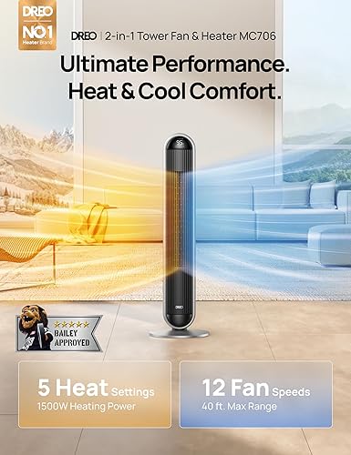 Miniatura 2 de Dreo Combo de ventilador de torre y calentador, ventiladores de pie de 29.2 piess para dormitorio, 17 niveles, 6 modos, oscilación de 120, 42