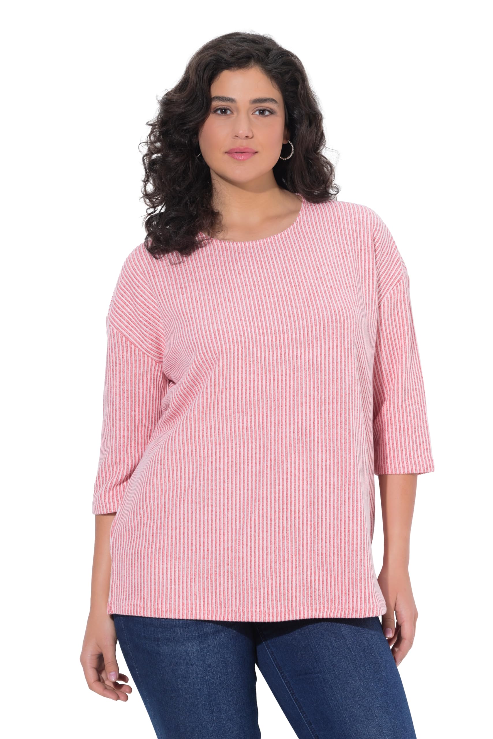 Ulla Popken Damen große Größen Übergrößen Plus Size Pullover, Streifenstruktur, Rundhals, 3/4-Arm 846673