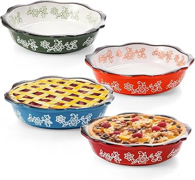 Cedilis 4 Pack Ceramic Mini Pie Pans, 6 inch Pot Pies Pan with Fluted Rims, 10oz Small Pie Dish for Baking Individual Quiche, Tarts, Fruit Pies, Microwave and Dishwasher Safe, 4 Color
