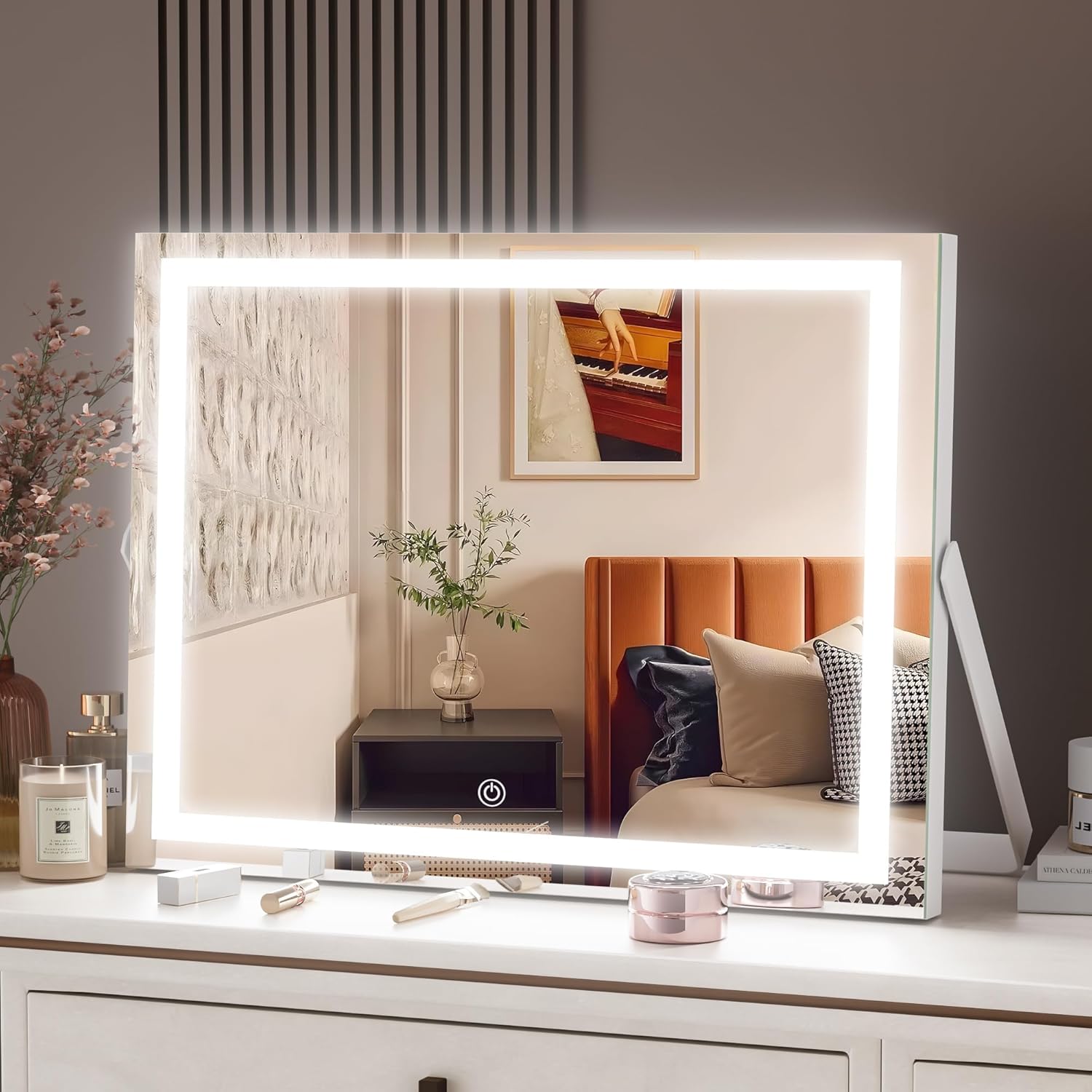 Hasipu Vanity Mirror with Lights, 14" x 11" LED Makeup Mirror, 3 Modes Light, Smart Touch Control Dimmable, 360°Rotation, Rectangle White Frame, with 5X Magnifying Glass