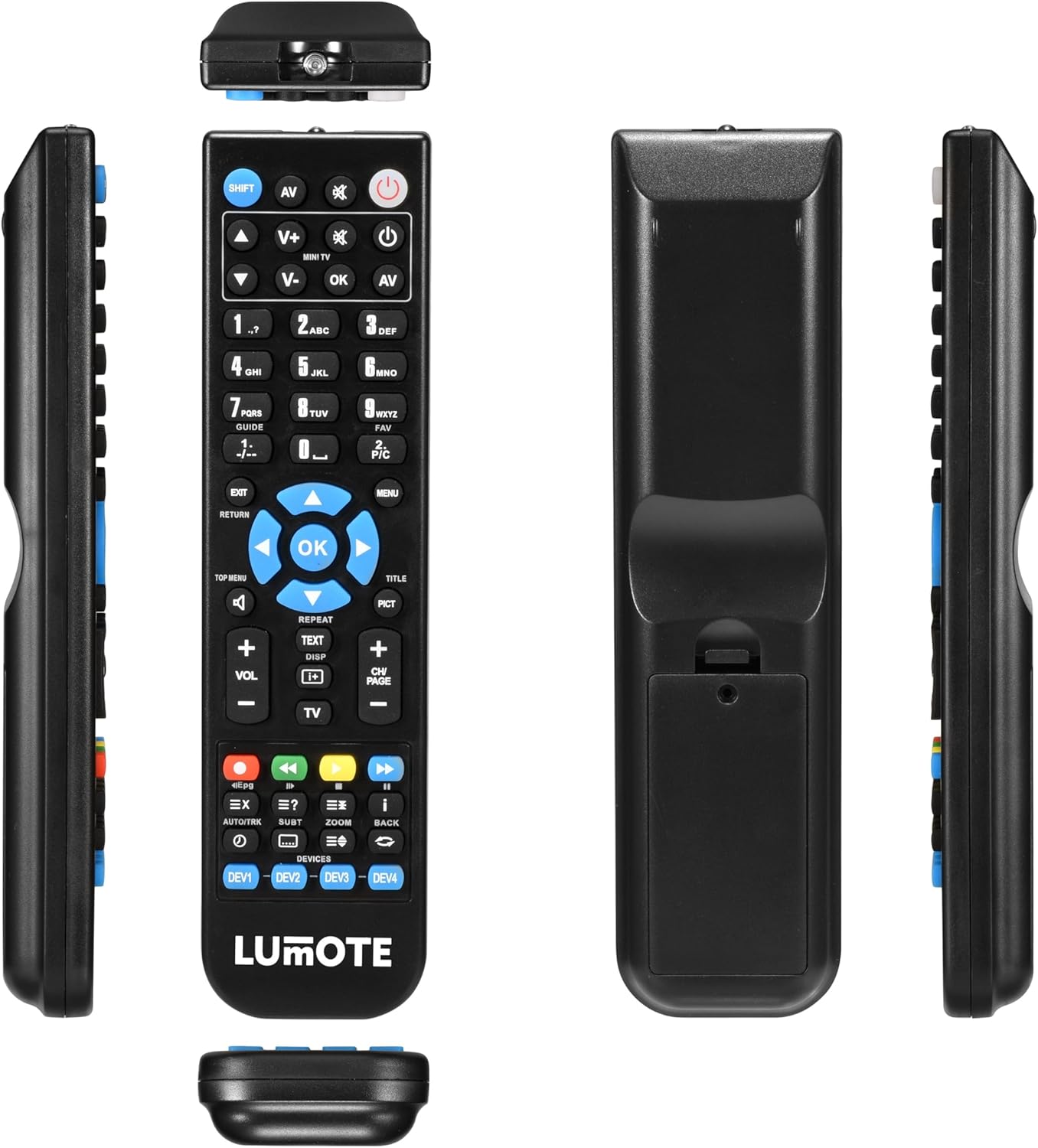 Lumote remote control showing multiple views, including the back with battery compartment