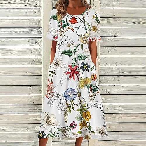 Miniatura 2 de Vestido bohemio para mujer manga corta cuello redondo bolsillo estampado casual cuello redondo vestido de primavera 2023