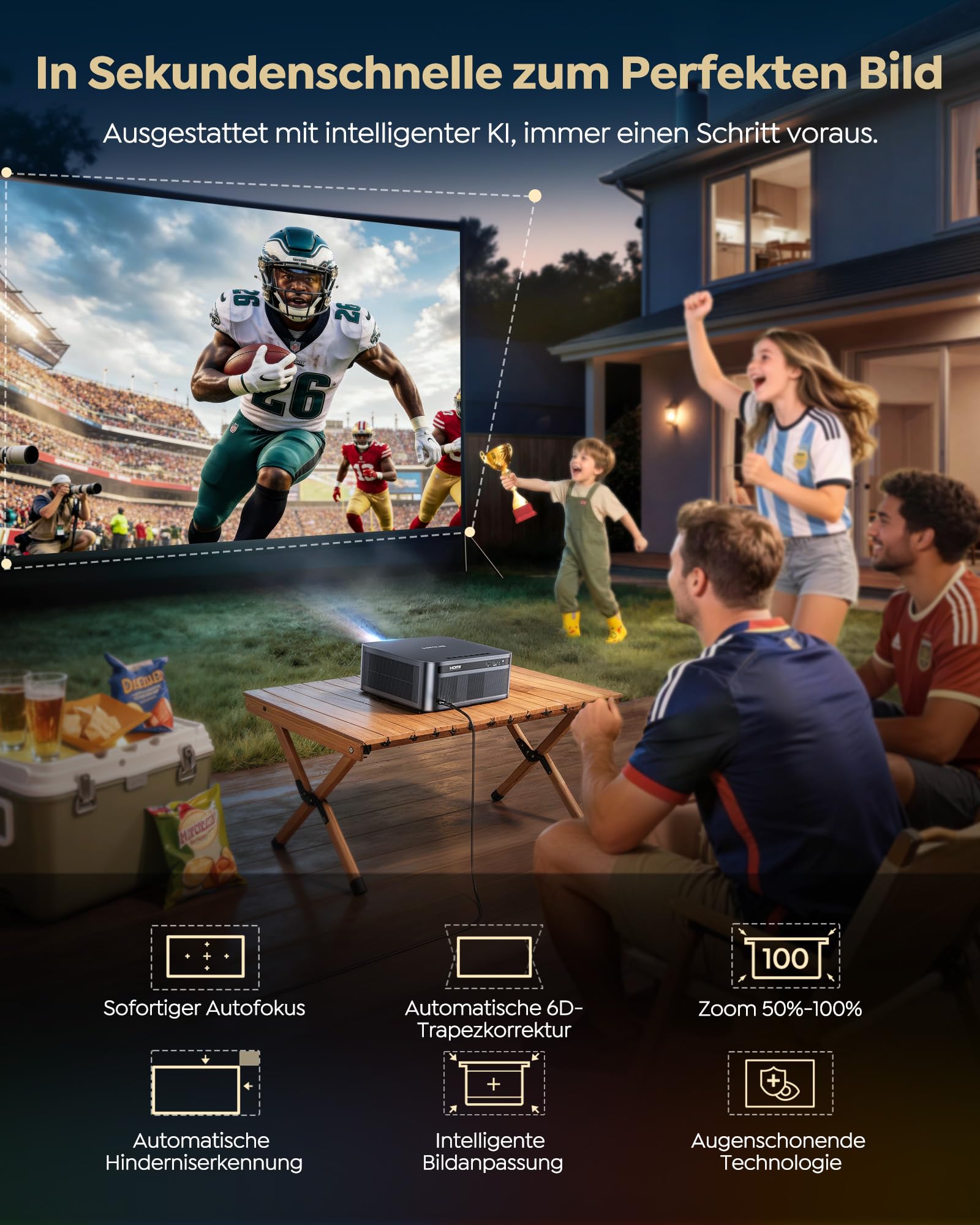 Beamer 4K mit Google TV 14.0, 2200 ANSI, MEMC, HDR10, 40W Dolby Audio, 4K Beamer Heimkino KI-Bildanpassung Smart Projektor Google Sprachsteuerung 2-Wege Bluetooth 5.4 WiFi6 2+32GB HDMI 2.1