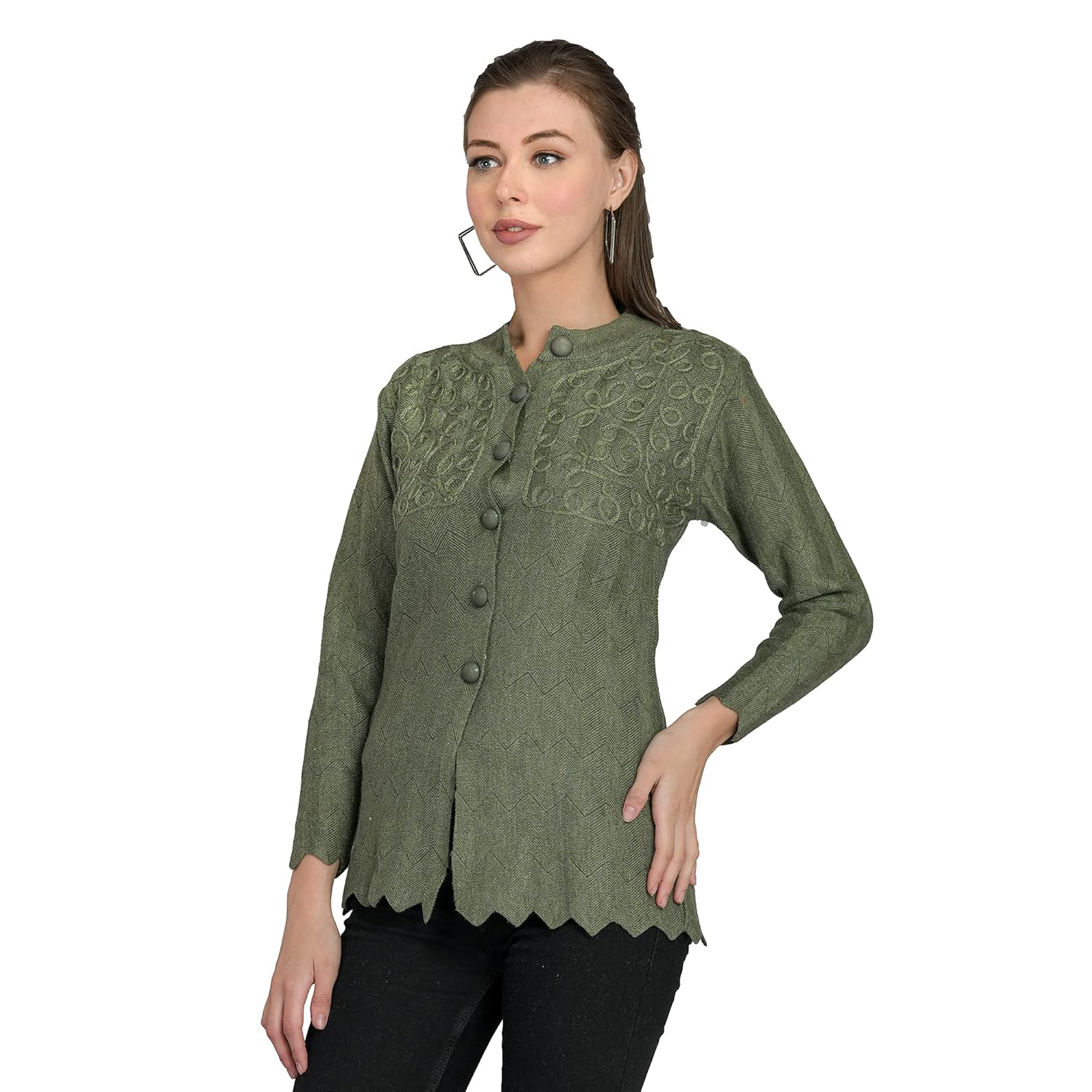Women’s V-Neck Woolen Printed Kadai Daffodil Fabric Cardigan – Heavy Front, Pure Wool, XS OliveGreen
