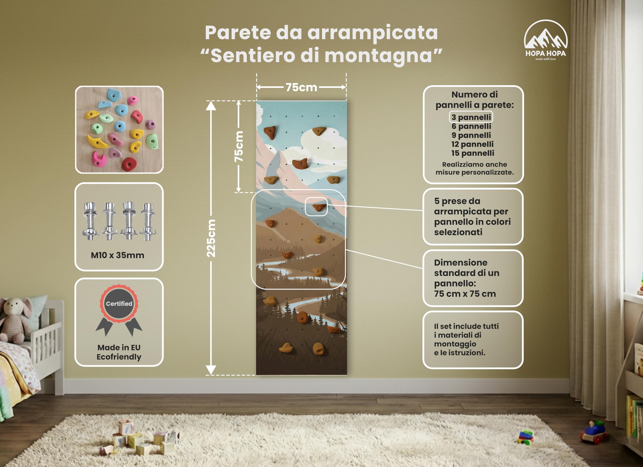 Parete da Arrampicata per Bambini - Gioco da Interno - con 15 Prese da Arrampicata, 3 Pannelli Murali in Compensato di Betulla - Dimensioni 225x75cm - Sentiero di Montagna