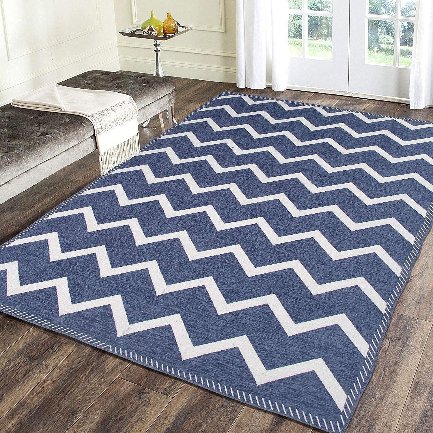 Linen Basics Designer Superfine Exclusive Velvet Chenille Carpet/Area Rug/Bedside Runner, Chenille Living Room Carpet, Durries in Zig Zag Style (Grey, 4.5x6 Feet) (B09TKWWSRS) Amazon Price History, Amazon Price Tracker