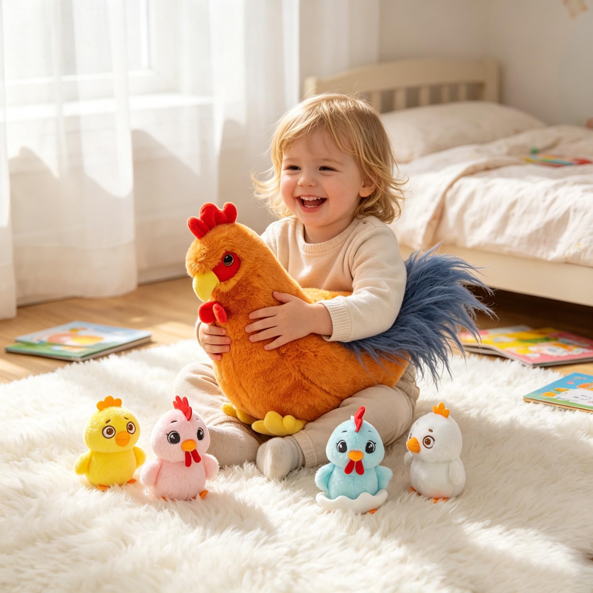 lilizzhoumax Interaktywna zabawka z kurczakiem mama z zamkiem błyskawicznym, zestaw pluszowy kurczak z 4 pisklętami, lalka zwierząt gospodarstwo rolne, prezent urodzinowy wielkanocny dla chłopców i