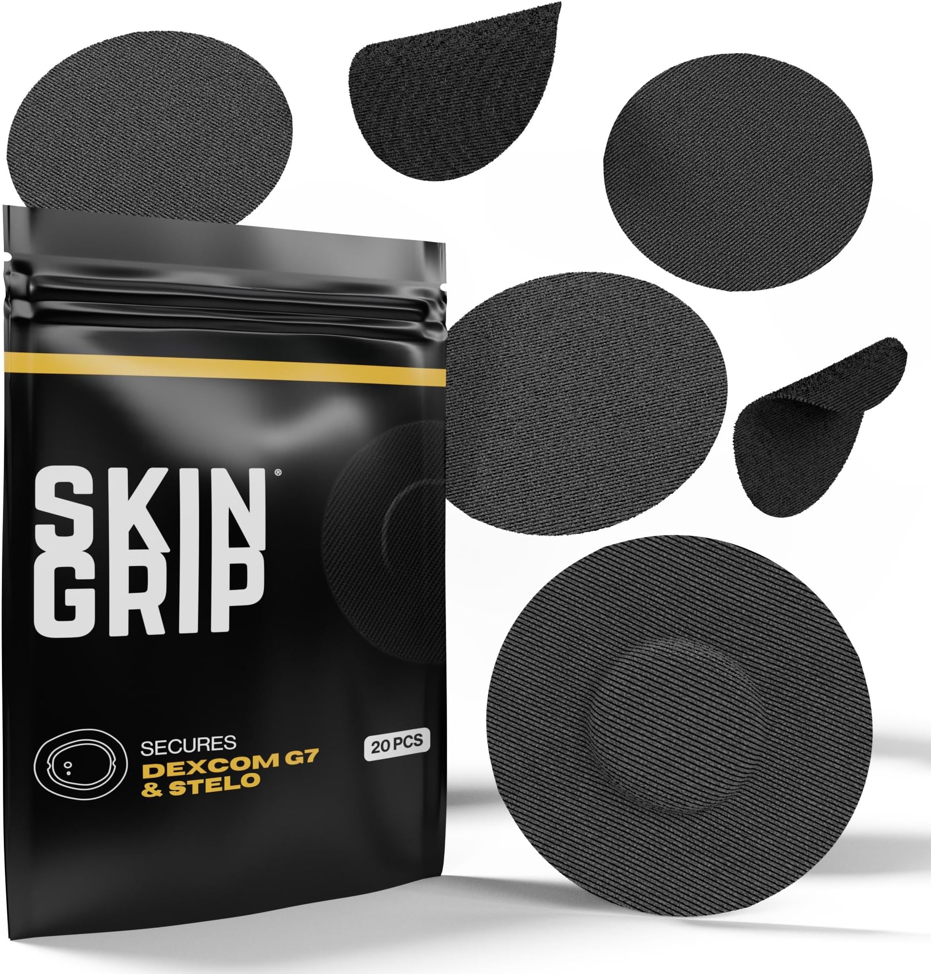 Skin Grip Adhesive Patches for Dexcom G7 CGM (20-Pack), Waterproof & Sweatproof for 10-14 Days, Pre-Cut Adhesive Tape, Continuous Glucose Monitor Protection (Black)