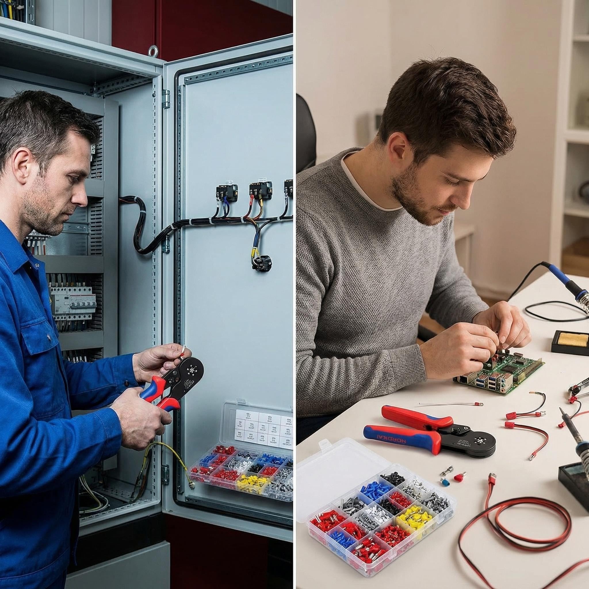Crimpzangen-Set 0,08–16 mm² mit 1500 Aderendhülsen | Selbsteinstellend; gehärteter Stahl; für Einzel- und Doppeladerendhülsen; Elektroinstallation und Schaltschrankbau
