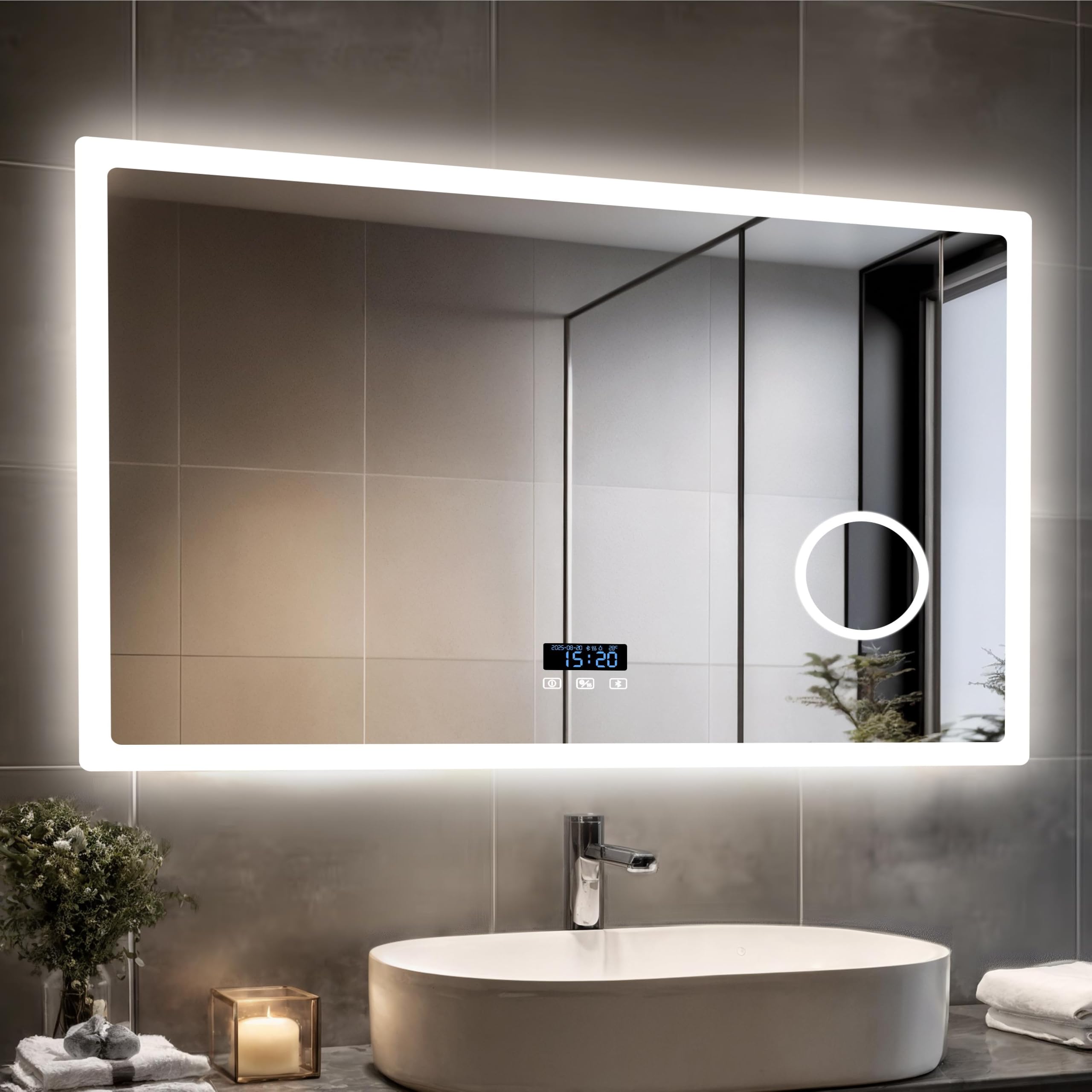 LUVODI LED Bathroom Mirror: 1000x700mm Rectangular Illuminated Dimmable Wall Bluetooth Mirror with 3X Magnifier Anti-Fog 3 Lighting Modes Memory Function, Display Screen โ image 1