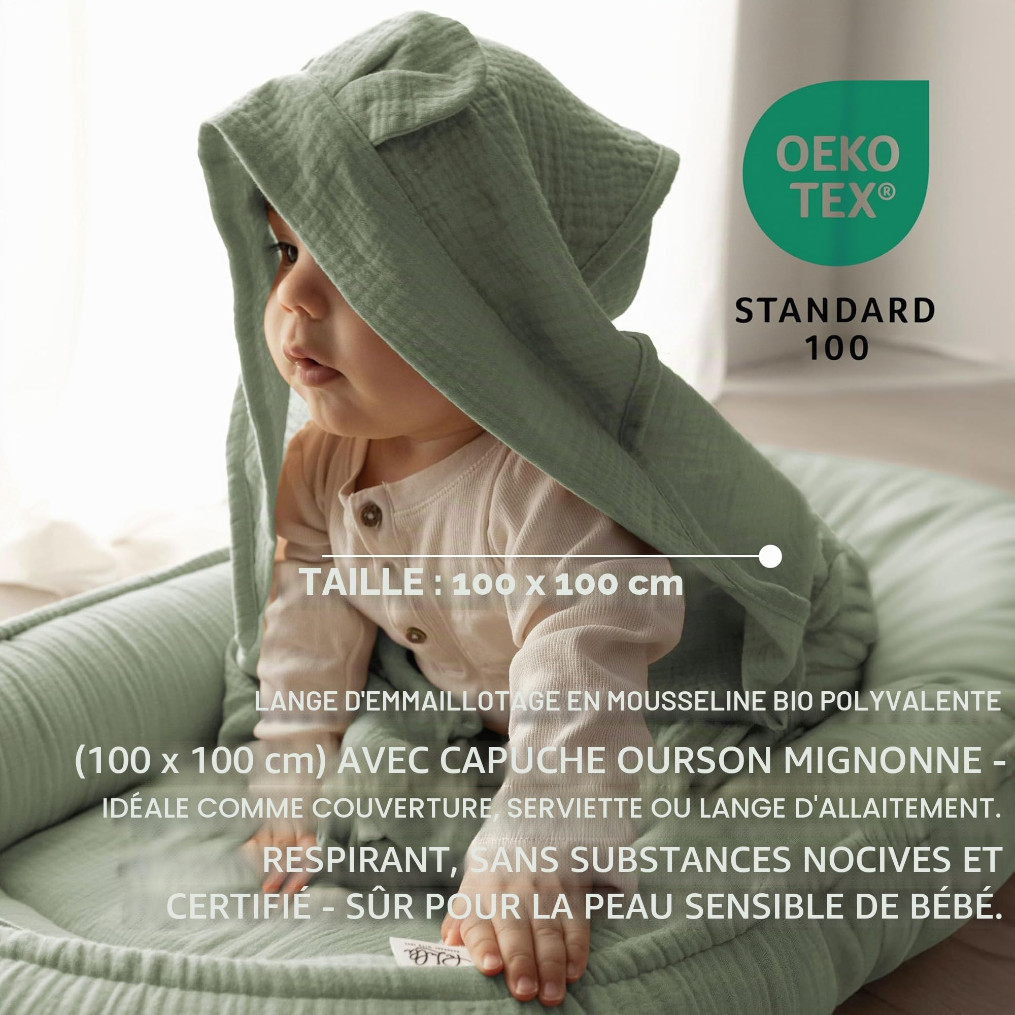 PaLulli® Tour de lit en Mousseline 2 côtés avec Chiffon d'emmaillotage, Mousseline Respirante - Serviette avec Capuche et Oreilles Cousues - 100% Mousseline Öko-Tex (Vert Sauge)