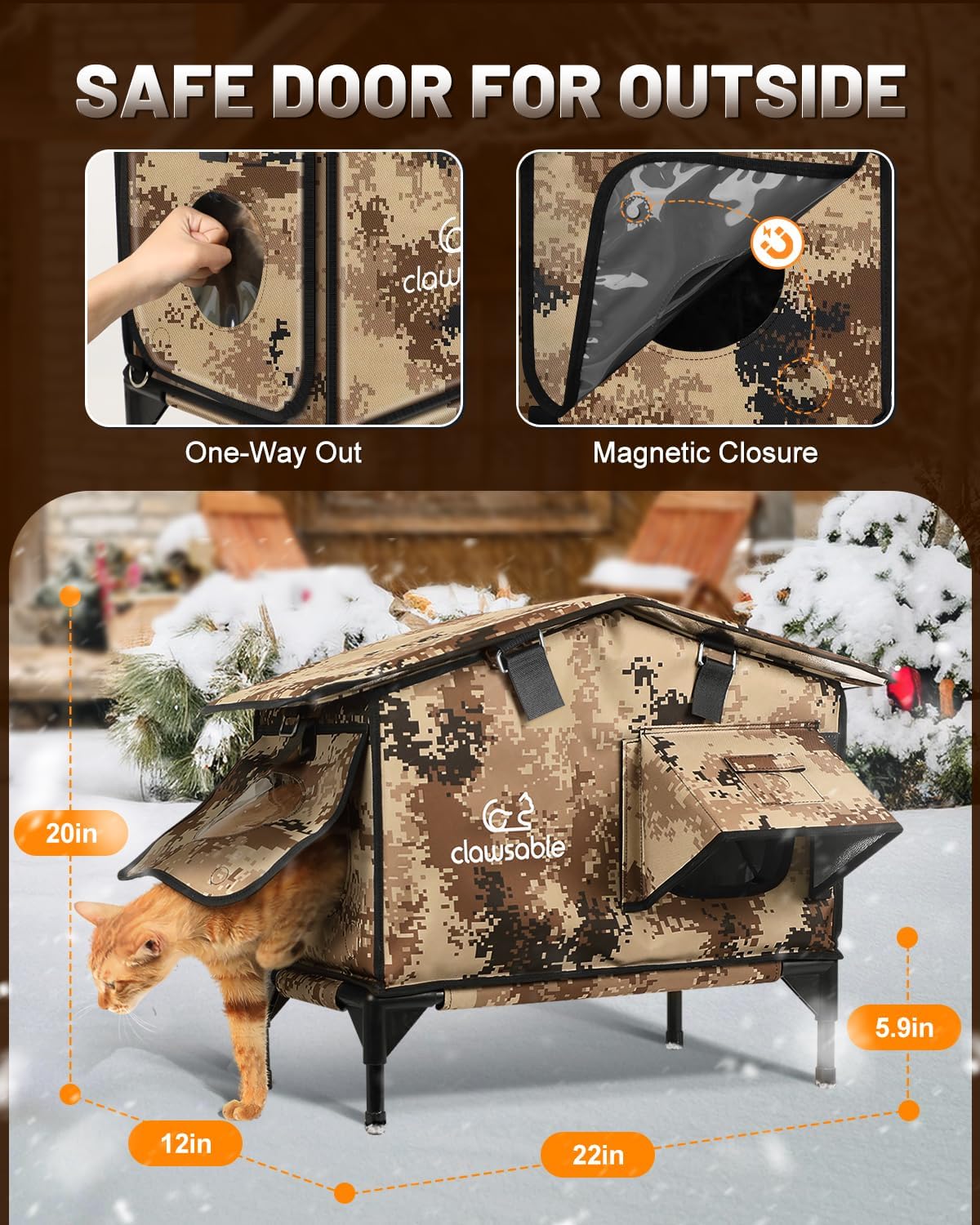 Upgraded Heated Cat House for Outside Escape Door, Highly Insulated Heated Outdoor Cat House Waterproof Awning, Weatherproof Outdoor Feral Cat Shelter for Stray Winter