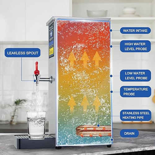 Miniatura 9 de Dispensador de agua caliente, caldera de agua comercial, calentador eléctrico, máquina de agua caliente, acero inoxidable, 30 L (8 galón), control