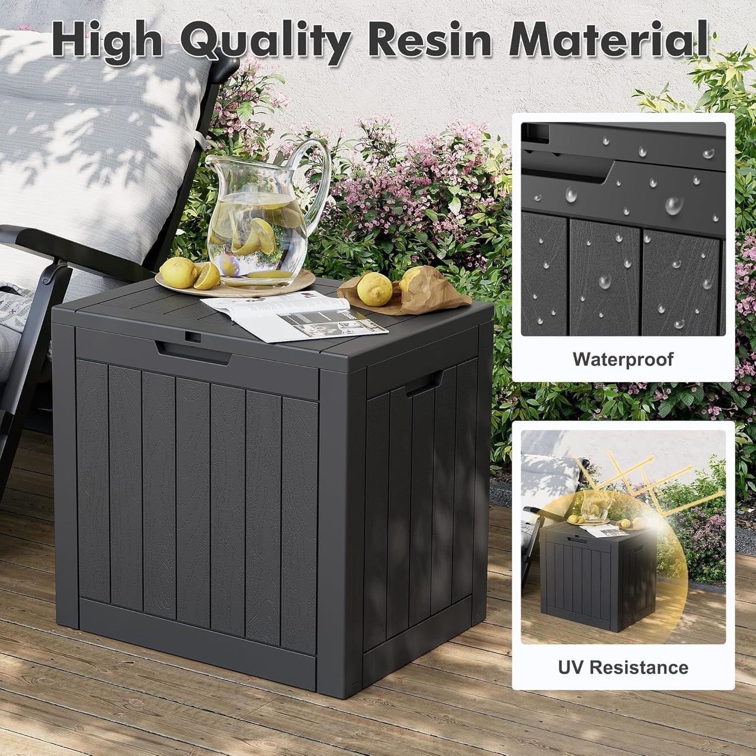 Baulera Exterior Impermeable 130L para Almacenaje Terraza, Rayado Negro