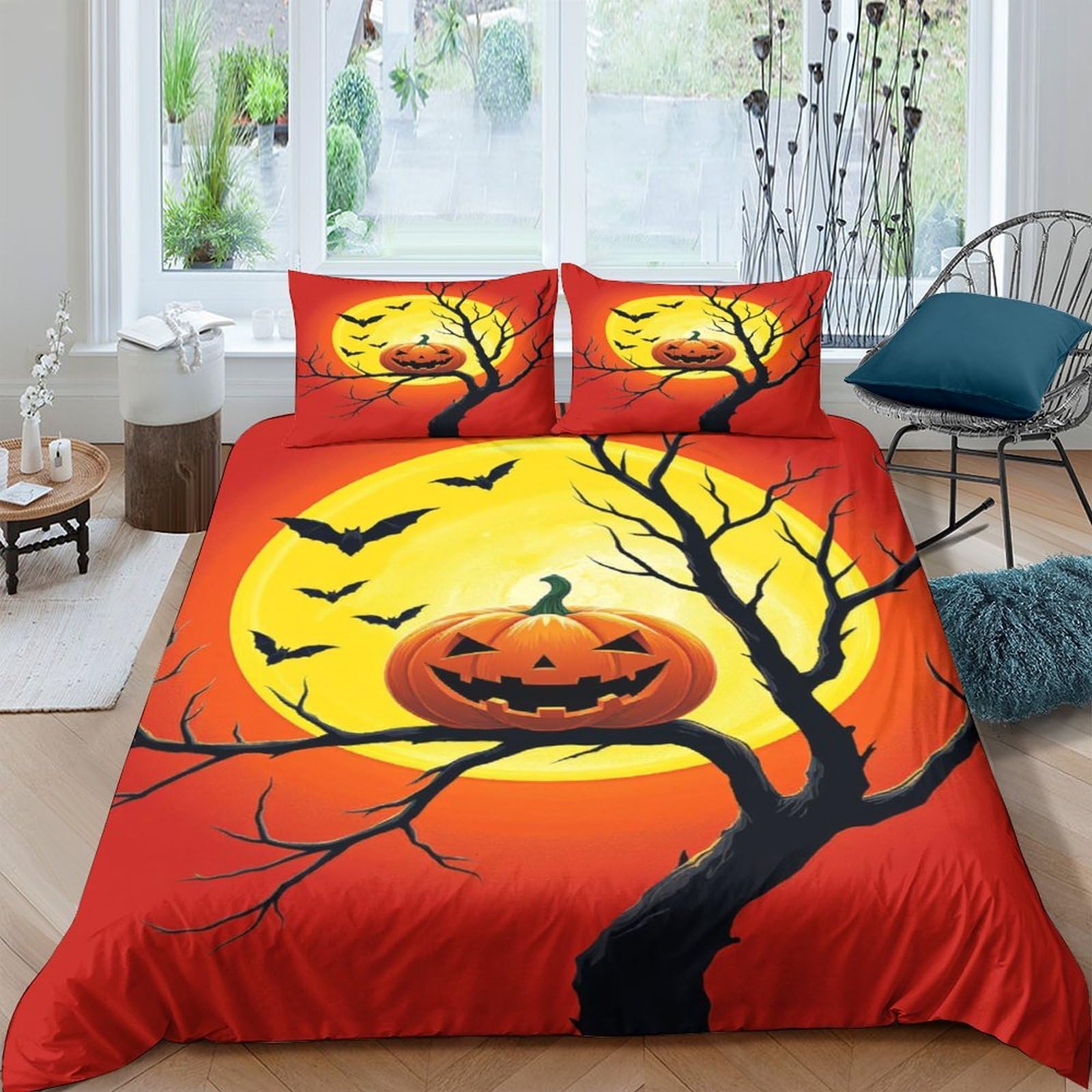 Ctjqhvkz Style-9 3D Printed Halloween Pumpkin Fitted Sheet Microfiber Soft Orange Moon Bat Mattress Cover For Bedroom Decor Single（135X200cm）