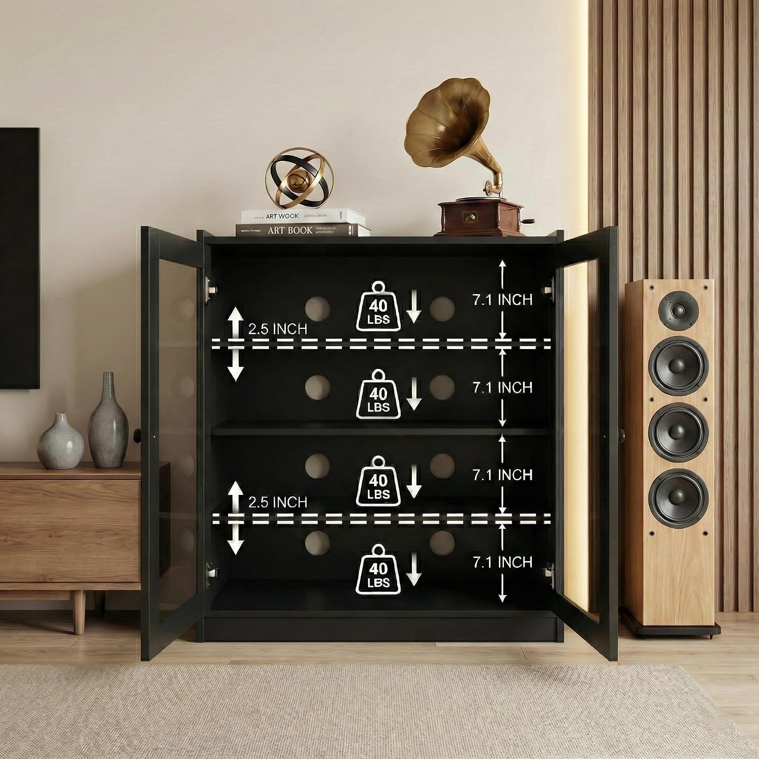 holzart Audio Stereo Cabinet with Glass Doors, 35.4" Tall AV Component Media Stand, Record Player Stand with Adjustable Shelves & Cable Management, Black