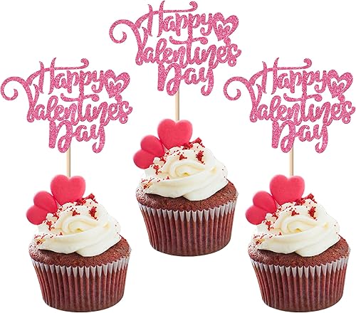 Miniatura 190 de Rsstarxi Paquete de 24 adornos rojos para cupcakes para el día de San Valentín con purpurina de corazón dulce para cupcakes, decoración de pasteles