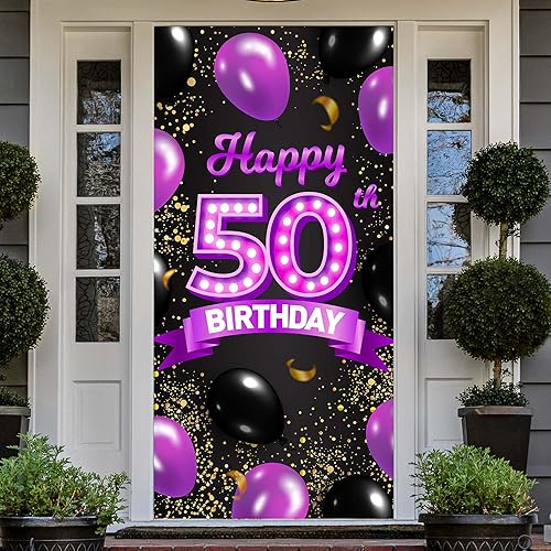 Cartel de feliz cumpleaños 40 color morado y negro, decoración temática de globos de confeti para mujeres de 40 años, suministros de cumpleaños,